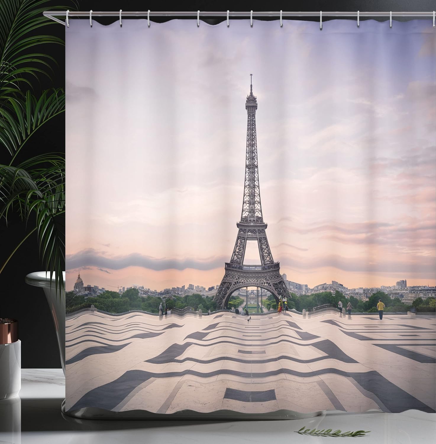 Ambesonne Paris Shower Curtain, Trocadero and Eiffel Tower at Sunshine Paris Skyline Historic Landscape View, Cloth Fabric Bathroom Decor Set with Hooks, 69" W x 75" L, Lavender Dimgray