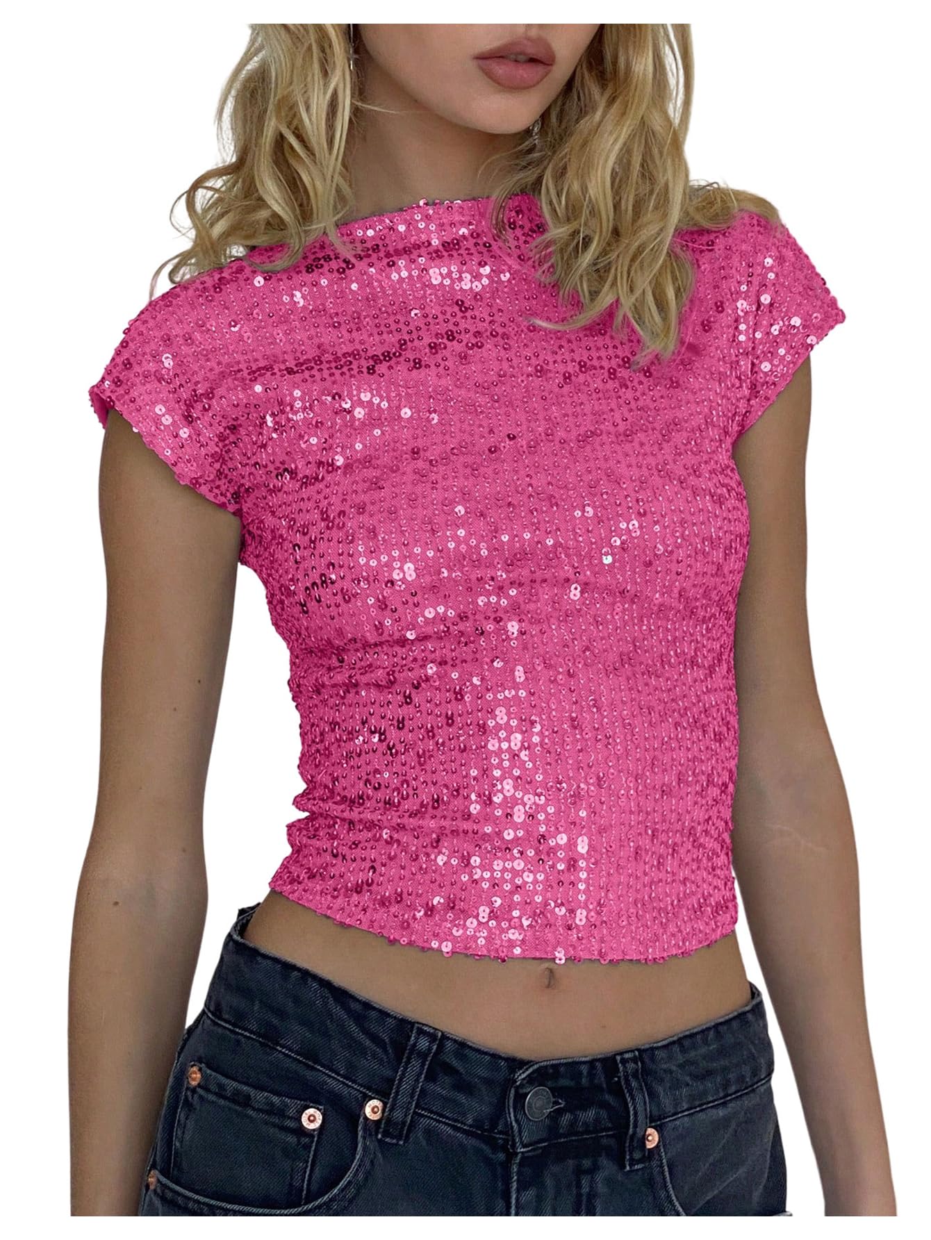 WDIRARAWomen's Sequin Boat Neck Shirts Sparkle Glitter Backless Tee Cap Sleeve Crop Tops