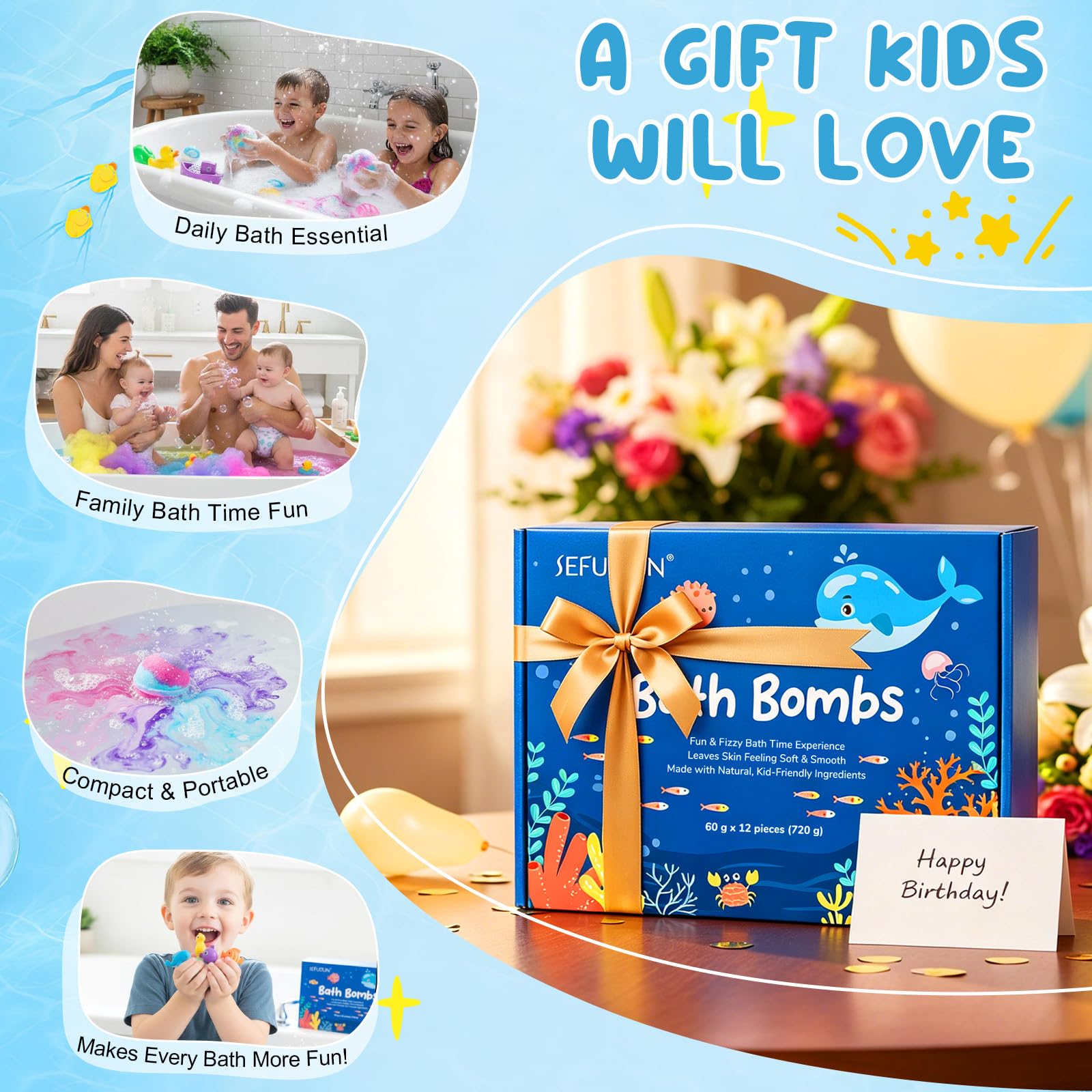 Bath Bombs with Toys Inside, 12-Piece Ocean-Themed Bath Salt Balls for Kids
