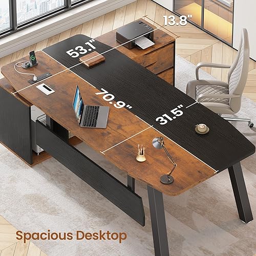 Miniatura 3 de SEDETA Escritorio ejecutivo de 71 pulgadas con archivador, escritorio de oficina grande con cajones y estantes, escritorio para computadora en forma