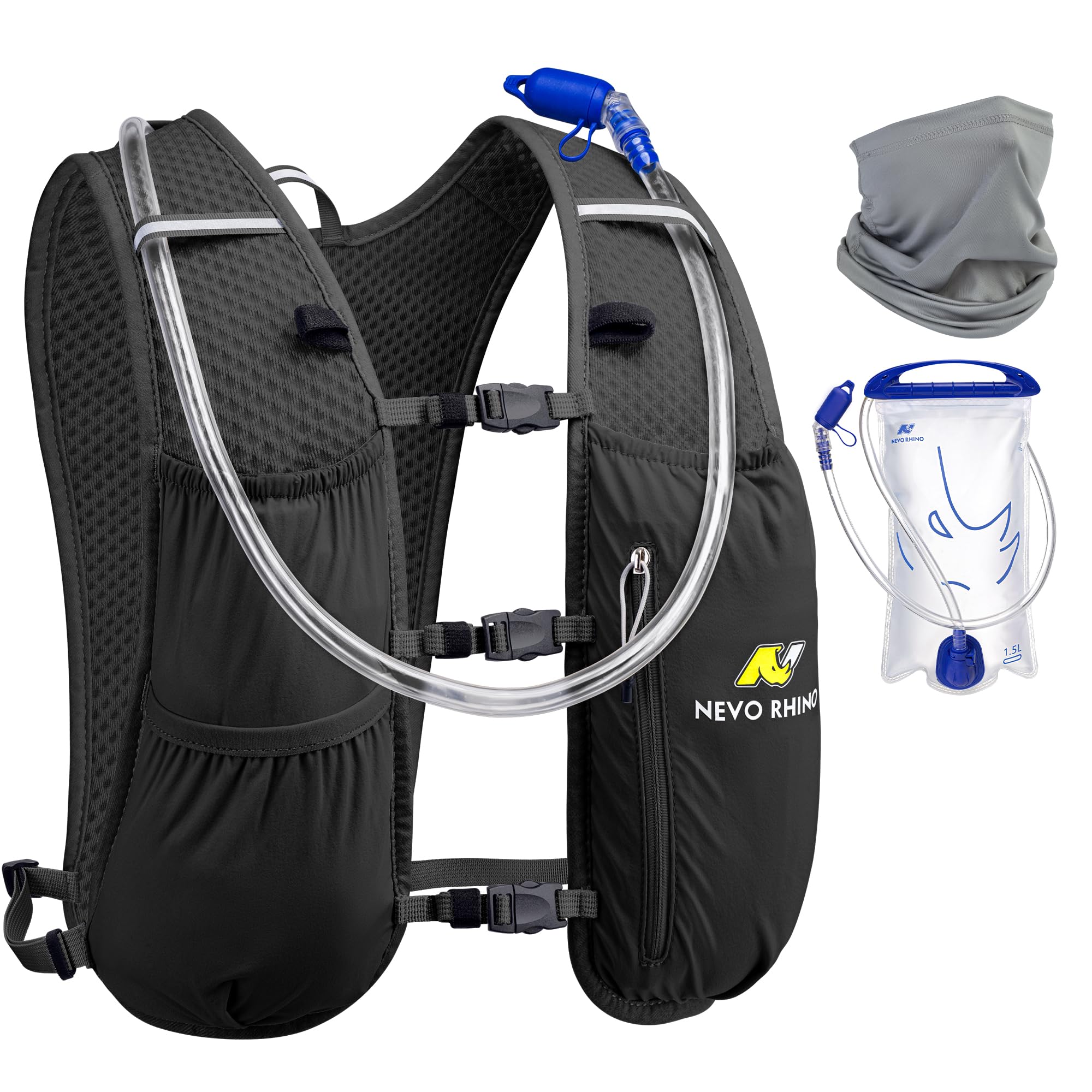 N NEVO RHINO Hydration Running Vest, Lightweight Water Backpack with 1.5L Water Bladder Bag and Neck Gaiter for Hiking Trail Running Cycling Jogging, Adjustable Breathable Daypack for Men Women Black-image-19