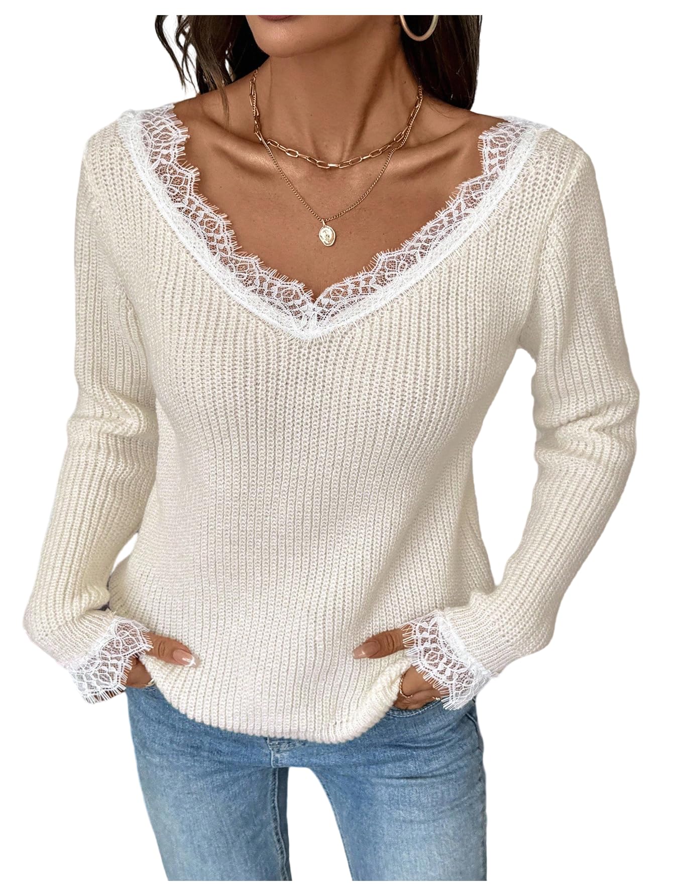 MakeMeChic Womens Lace Trim Sweaters Long Sleeve Fall Elegant V Neck Knitted Pullover Tops