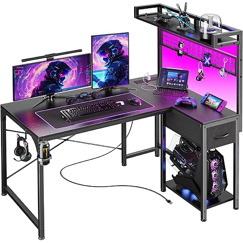 PRAISUN L Shaped Gaming Desk with Shelves, Corner Computer Table with LED Lights, Power Outlets and USB-C Ports, 42 Inch Reversible Home Office Desk with Storage Drawer, for Work and Study, Black