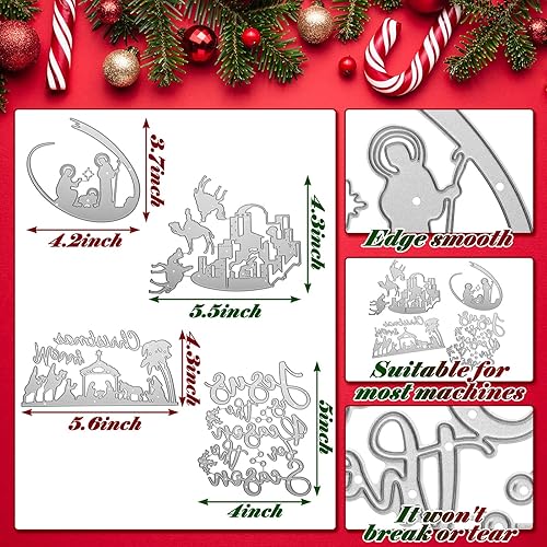 Miniatura 3 de Jinei 4 troqueles de Navidad para hacer tarjetas, troqueles de metal para belén, escena de pesebre, plantillas de grabado de corte de acero,