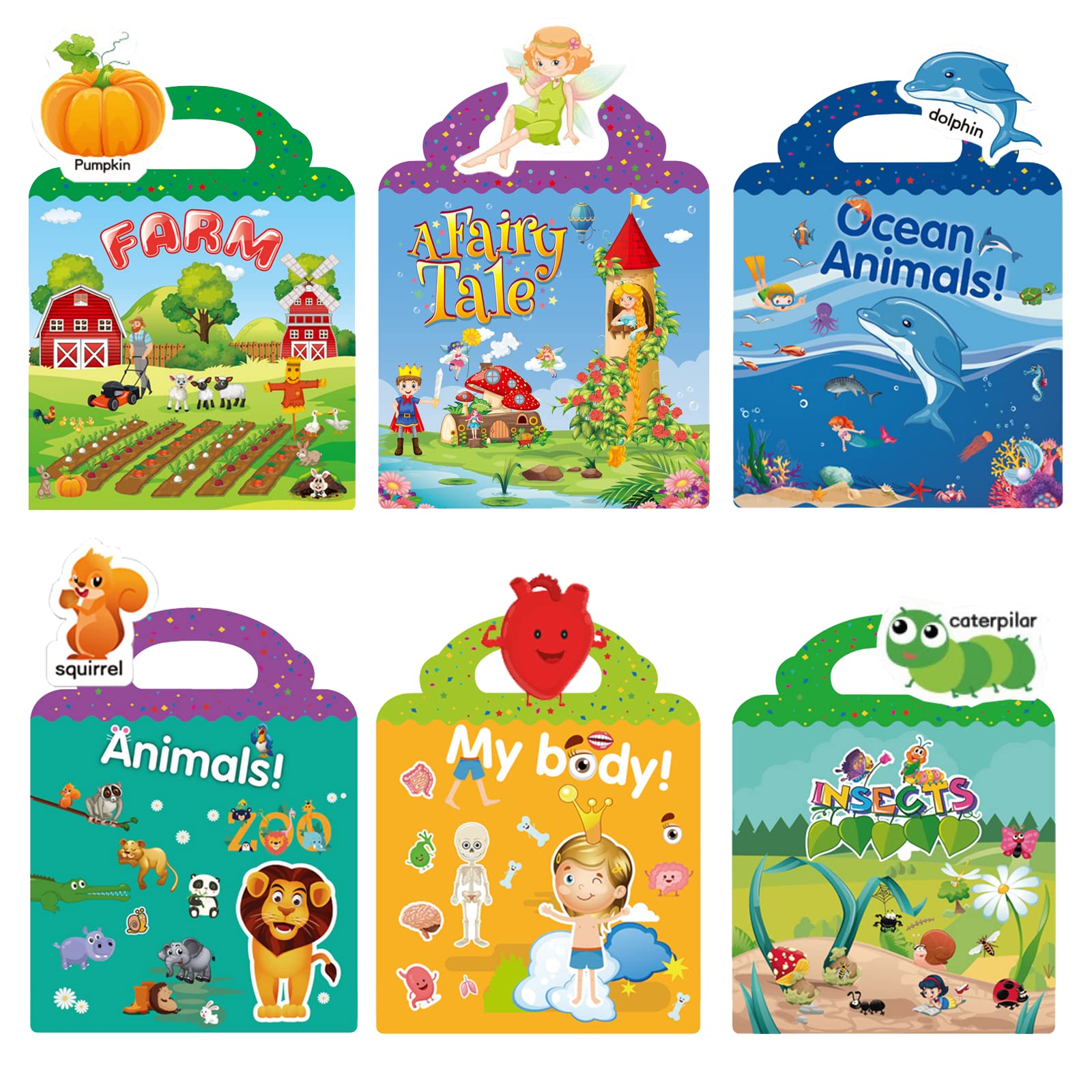 6 Set Reusable Sticker Books for Toddlers, Window Clings for Toddlers, Static Sticker Book Princess, Animal, Ocean Animal, Fram, Insect, Body Stickers for Girls Boys Preschool Learning Toys
