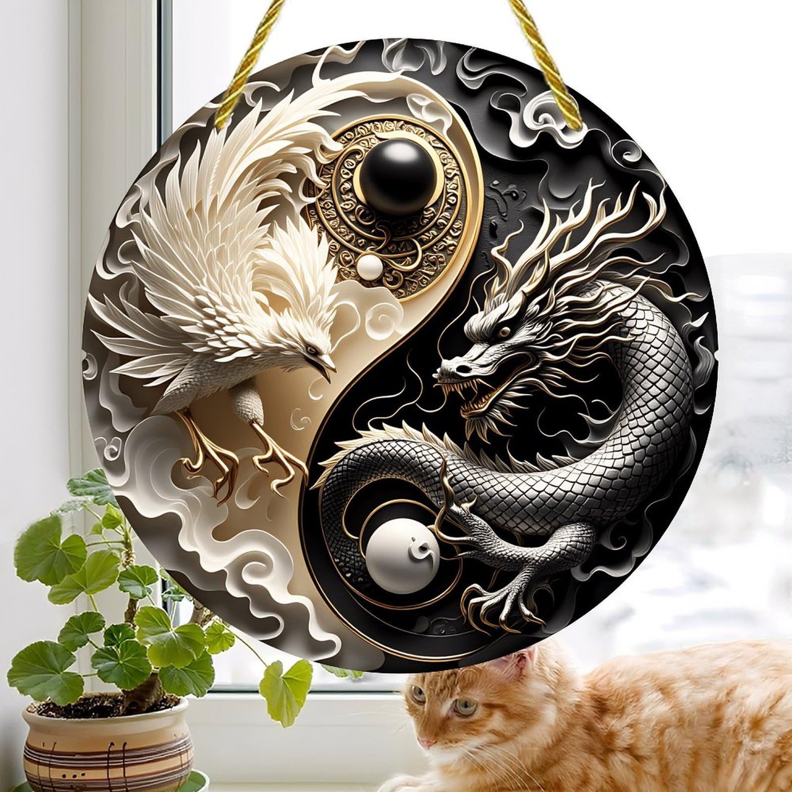 Colorful Acrylic Suncatcher, Dragon and Phoenix 7-inch Hanging Window Wall Art Decor with Printed Stained Glass Style Design, Gift Idea & Garden Ornament Indoor Outdoor Use — view 6