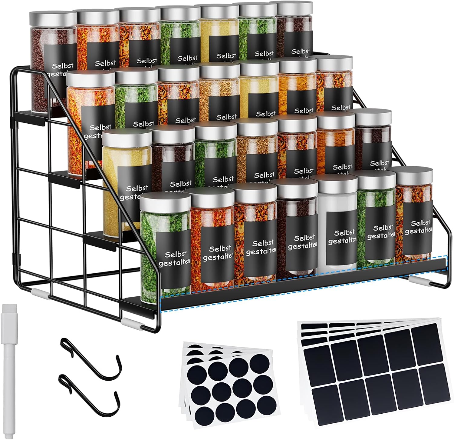 4-Tier Spice Rack Standing – Height Adjustable (2/3/4 Levels) & No Drilling – Black Metal Spice Rack with S Hooks & Labels – Spice Organiser for Kitchen, Cabinet, Bathroom