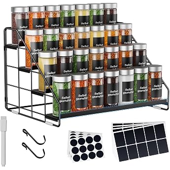 AHOMSEL 4-Tier Spice Rack Standing - Height Adjustable (2/3/4 Levels) &amp; No Drilling - Black Metal Spice Rack with S Hooks &amp; L