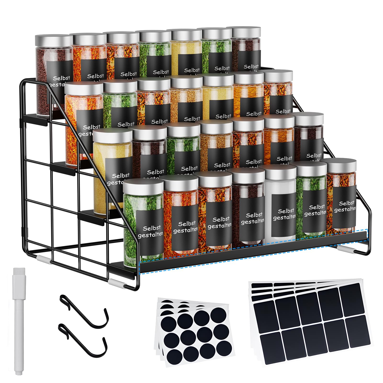 Portaspezie da terra a 4 livelli, altezza regolabile (2/3/4 livelli) e senza foratura, in metallo nero, con ganci a S ed etichette, organizzatore per spezie per cucina, armadio, sala