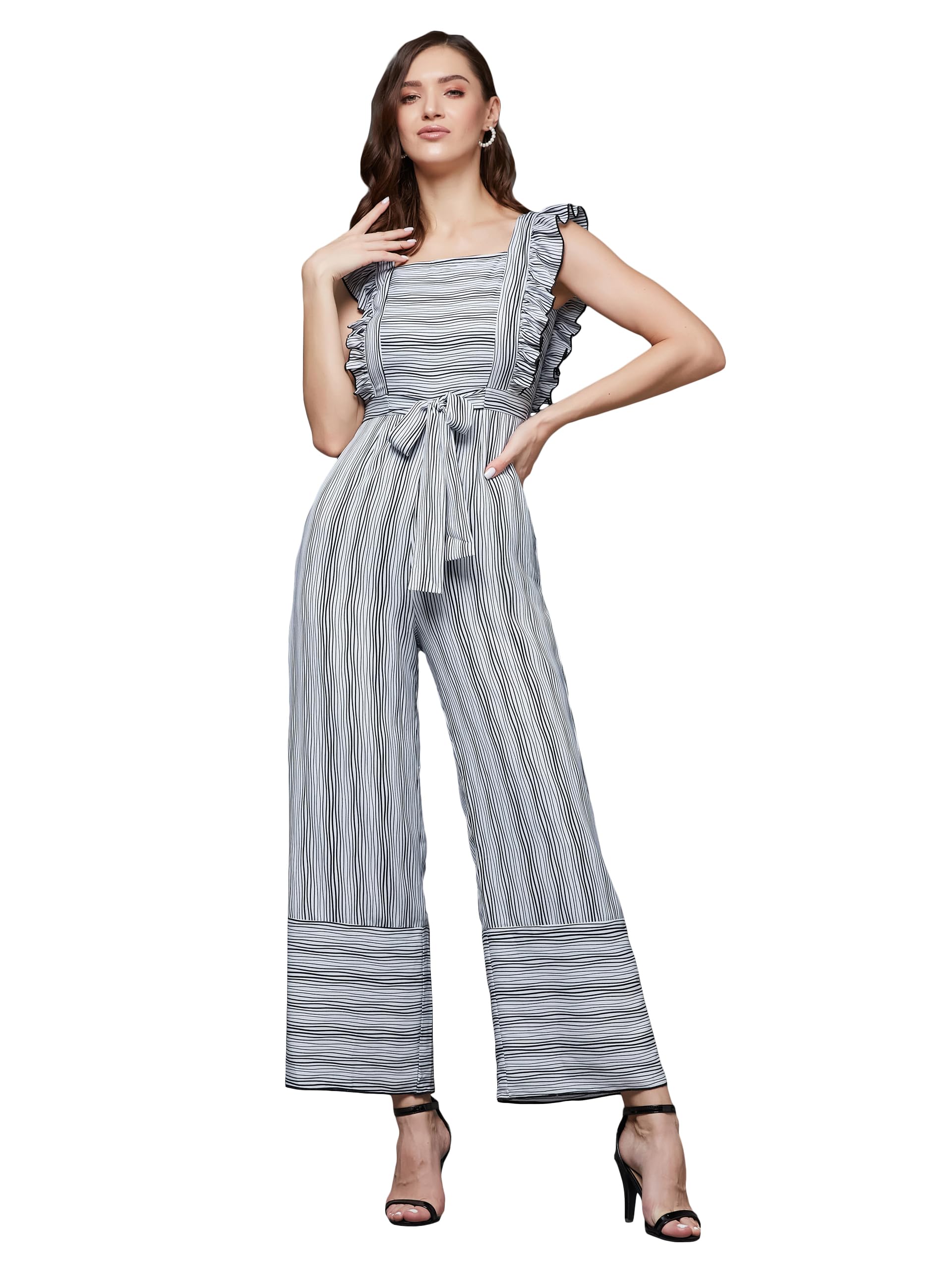 miss chase Women's Striped Square Neck Frilled Crepe Relaxed Fit Tie-Up Regular Jumpsuit with Pockets-picture-37