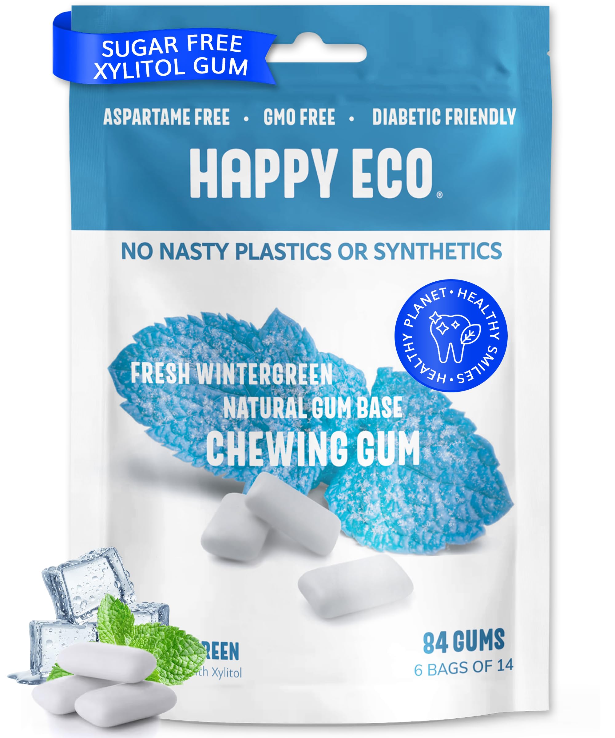 - Sugar Free Natural Chewing Gum (84 Pcs) - Xylitol Gum with Stevia - Aspartame Free - Vegan, Gluten Free Keto - Wintergreen
