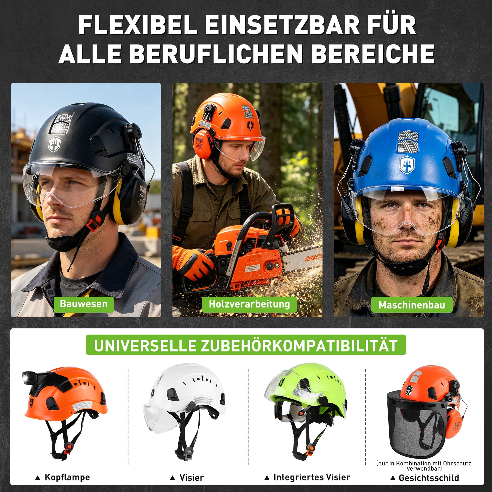 GREEN DEVIL Mervex Vent 3 w 1 kask ochronny zestaw EN 397, kask roboczy z wizjerem (przezroczysty/przyciemniany) i ochroną słuchu SNR 32 dB | kask przemysłowy ABS 53-63 cm na plac budowy, gospodarki