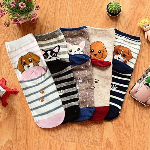 Miniatura 6 de YSense 5 pares de calcetines de animales lindos para mujer, perro, gato, novedad, caricatura, algodón, tripulación casual, calcetines divertidos,