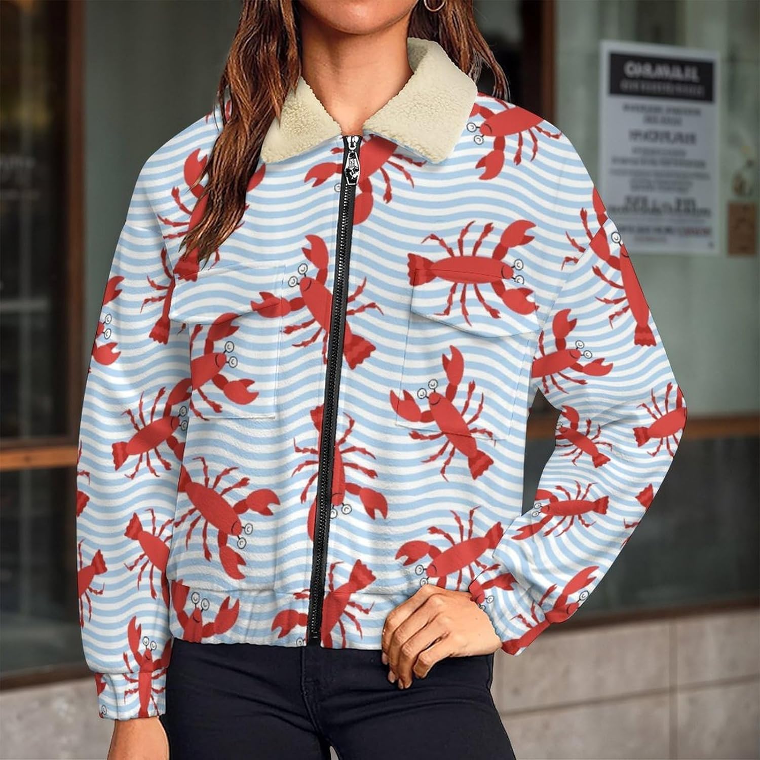 Cute Cartoon Red Crayfish Lobsters Jackets Womans Zip Sweatshirt Long Sleeve Warm Hiking Jackets Causal Pockets Top