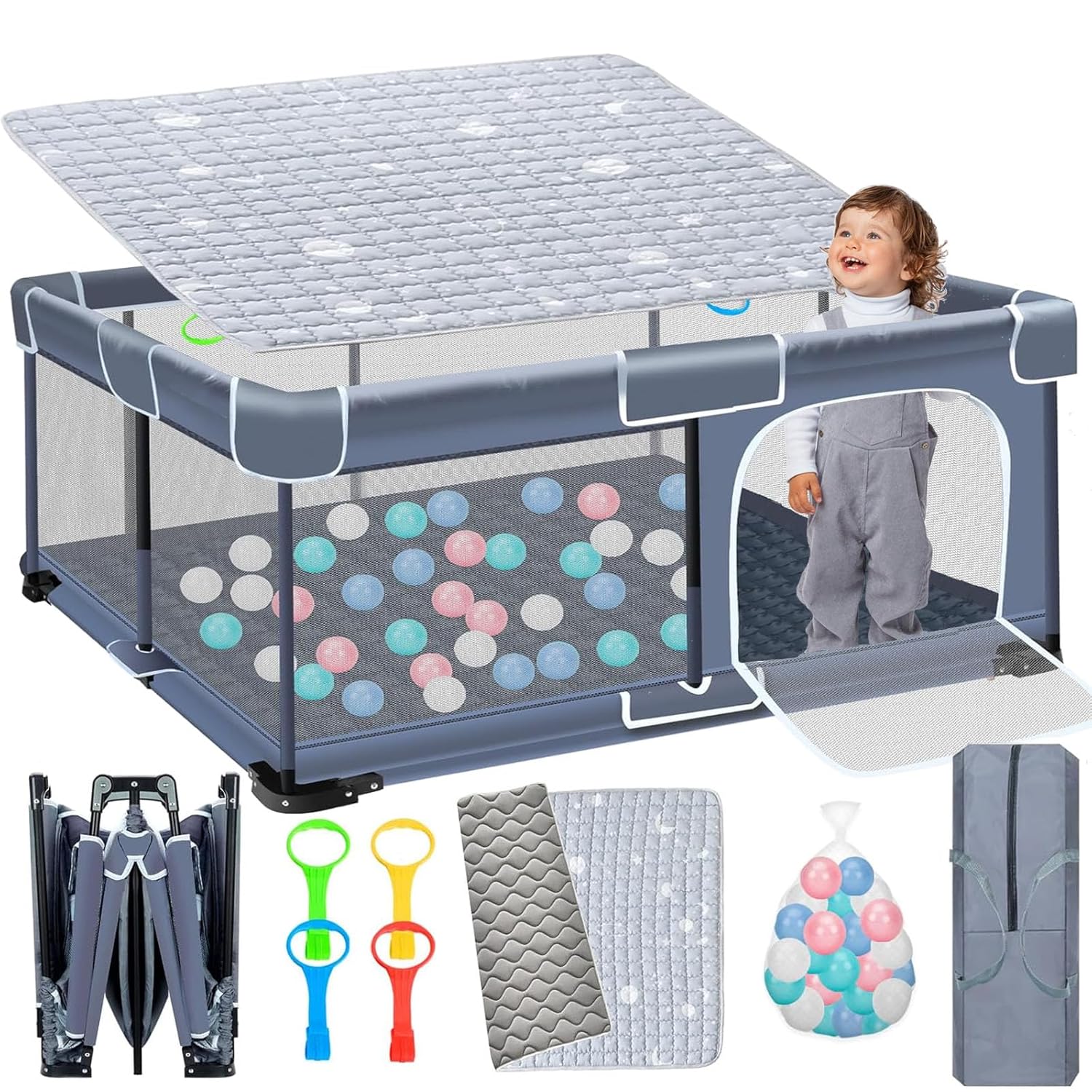 Foldable Baby Playpen,Large Playard with Detachable Mat,Collapsible Play Pen for Babies,Portable Playpen for Babies and Toddlers,Sturdy Baby Fence,Indoor & Outdoor Portable Play Pen (59 * 71 in)