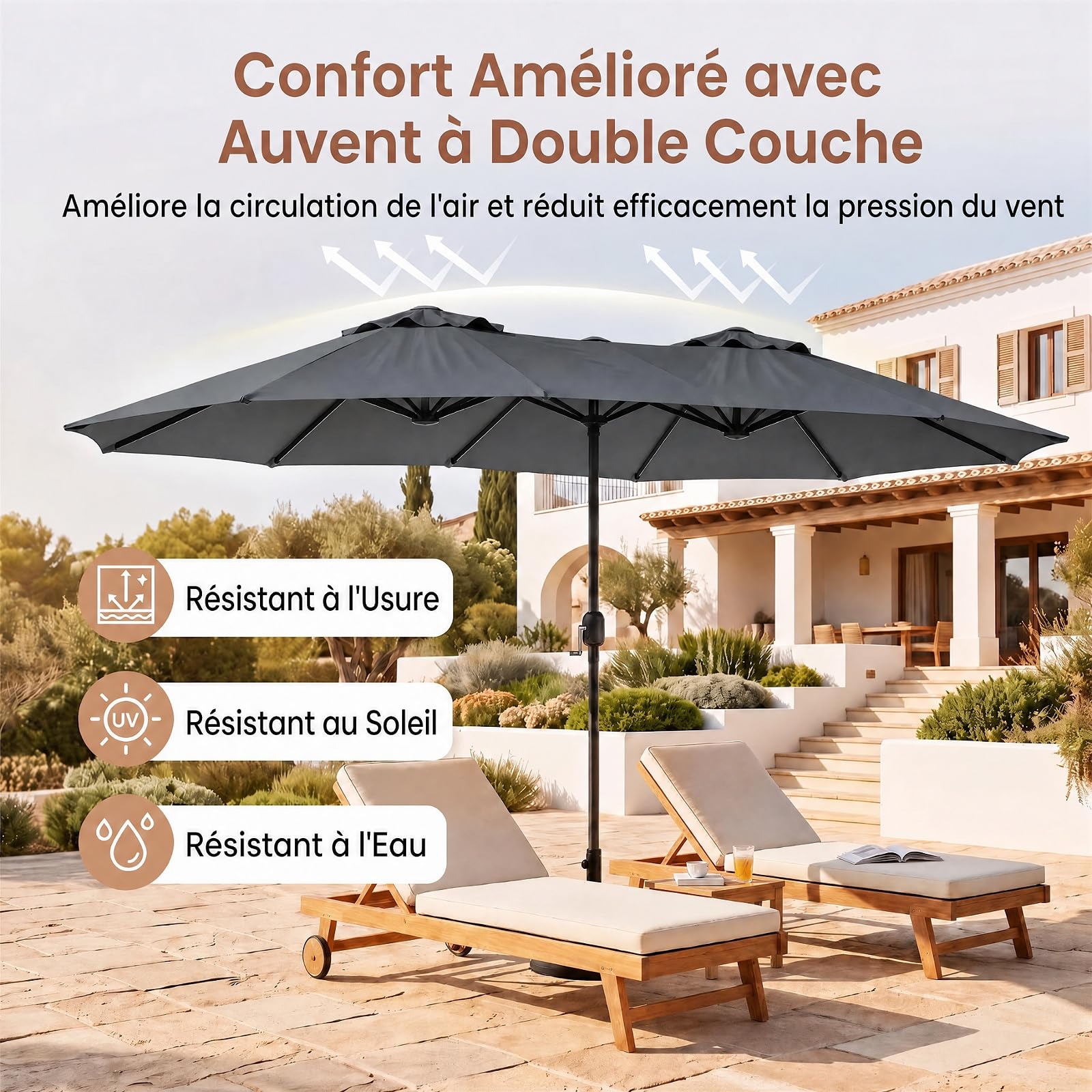 RELAX4LIFE Grand Parasol Double 4x2 M, Grand Parasol de Jardin Extérieur avec Manivelle, 12 Baleines, Toile Polyester Hydrofuge, Protection Solaire, Montage Facile pour Terrasse, Piscine (Gris)