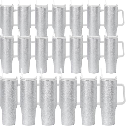 FECBK Vaso de sublimación con purpurina de 40 onzas con asa y pajita, paquete de 20 vasos de acero inoxidable de doble pared con aislamiento al