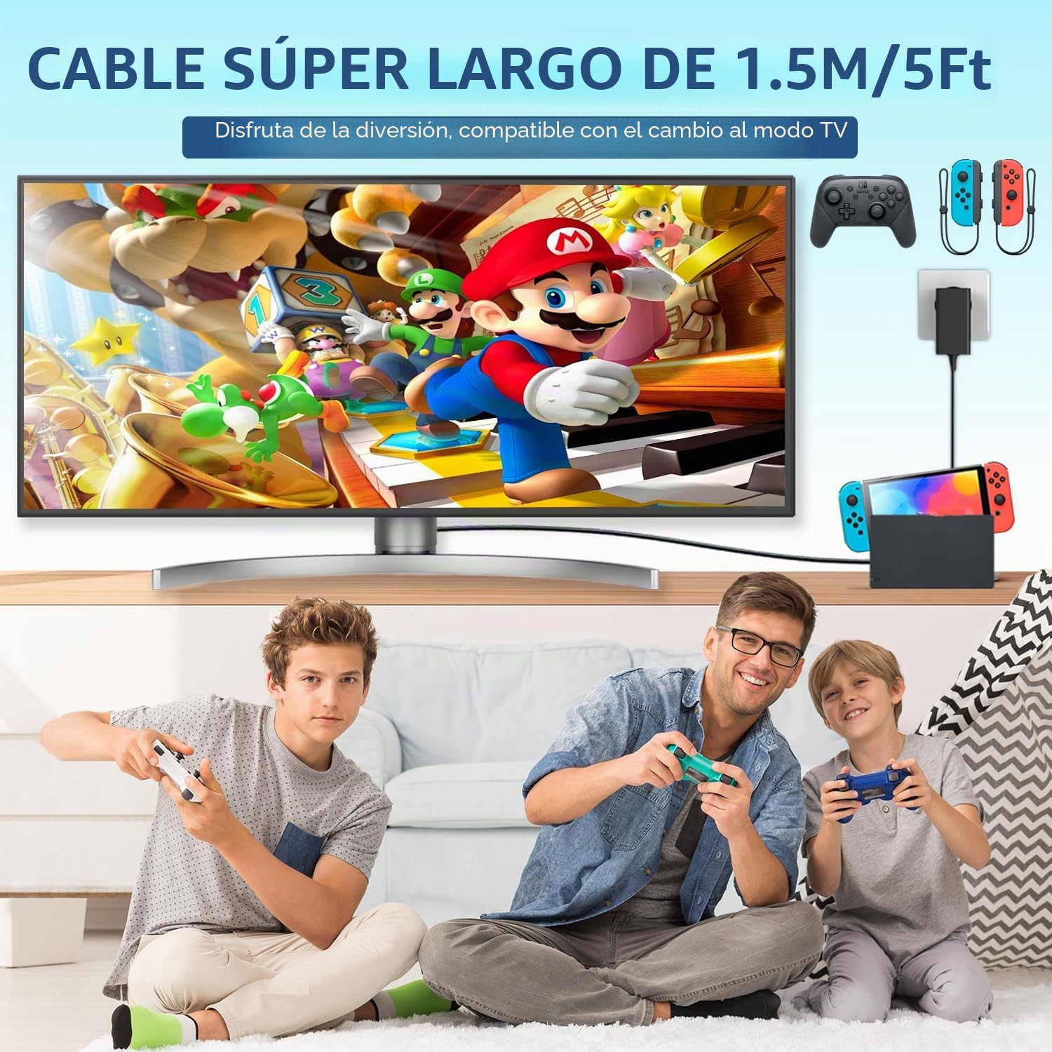 Cargador para Nintendo Switch, 45W Adaptador Cargador rápido para Switch/Lite/OLED/Deck Dock/Pro Controller, Soport a Modo TV, con Cable 1.5M/5FT USB C