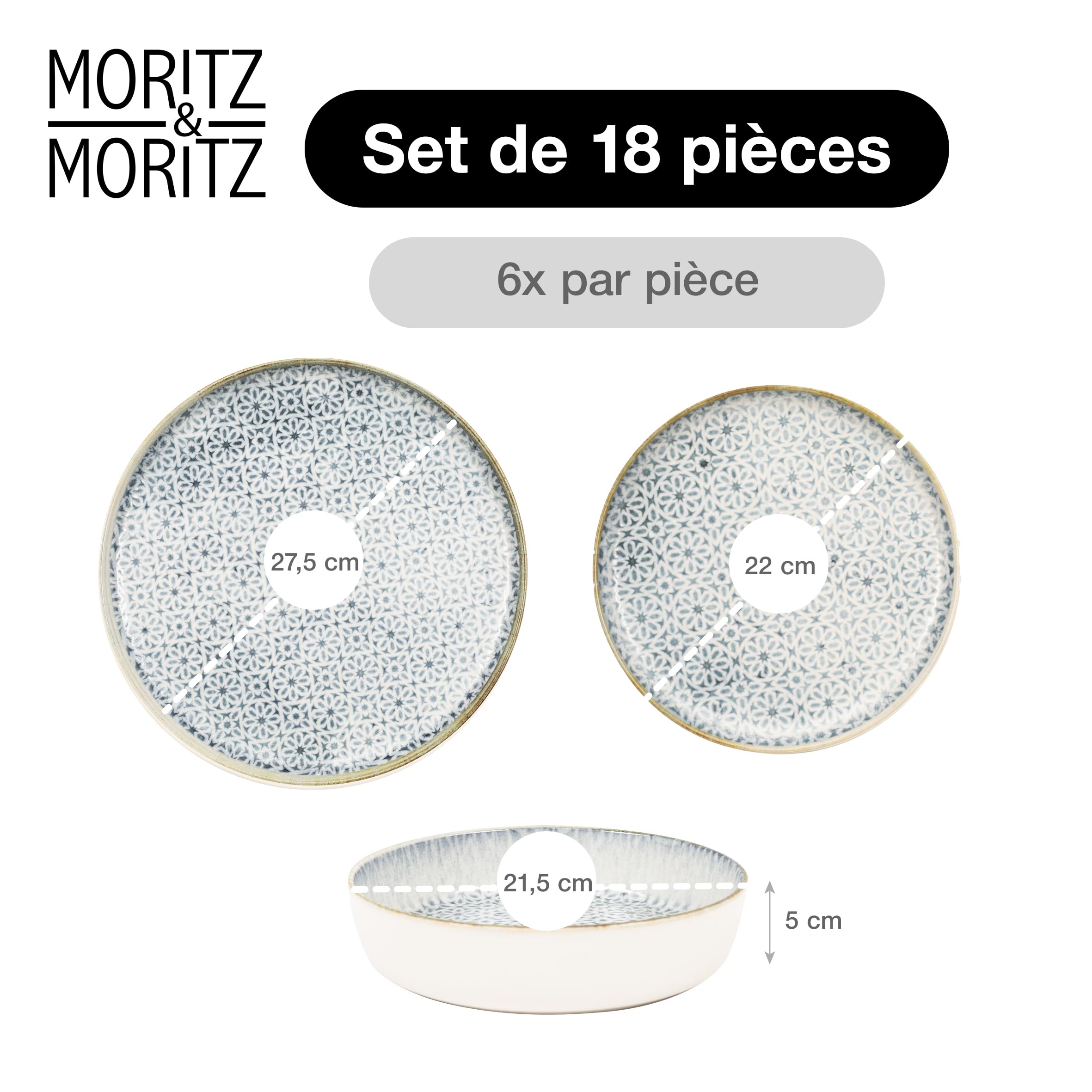 Moritz & Moritz ALHAMBRA Service de table 6 personnes 18 pièces en porcelaine de haute qualité - Service de table moderne en bleu - Ensemble de vaisselle facile à entretenir avec 6 assiettes plates, 6
