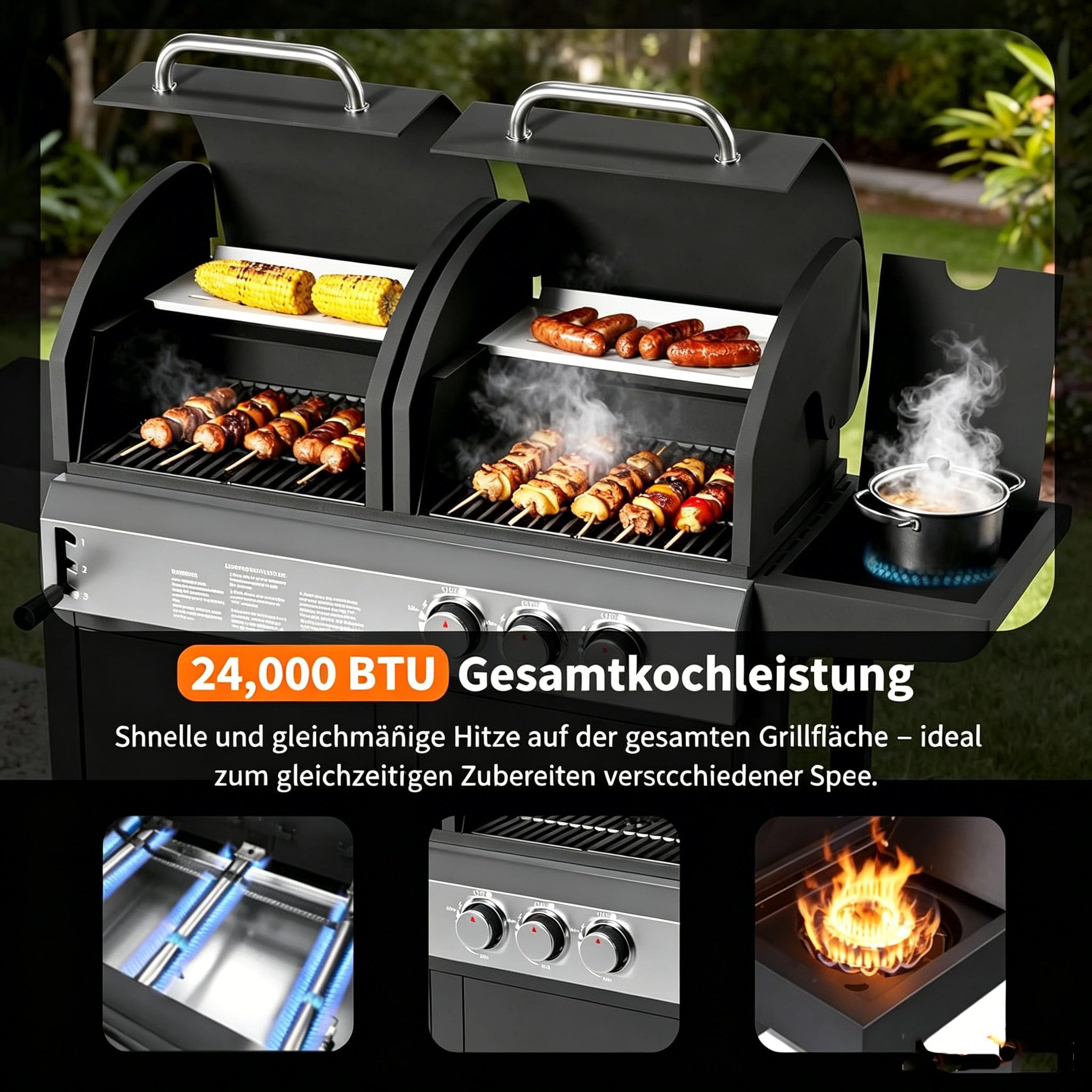3 Brenner Gasgrill, Kombinierter Propangas mit Flachgrillplatte & Emailliertem Gusseisenrost, 24000 BTU, Snap-Jet Zündung, Robuste räder, Seitenablagen, Outdoor-Küch