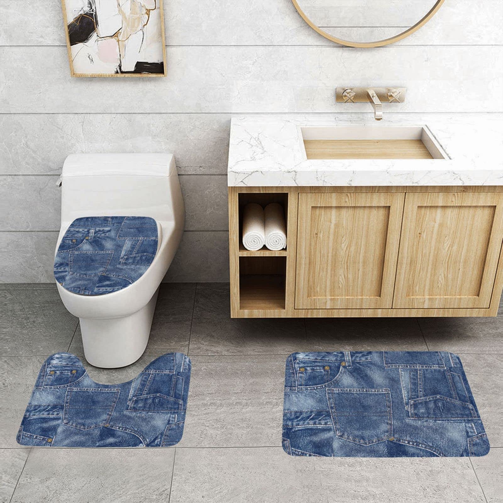 Amazon｜デニム パターン 3点セット トイレマット フタカバー