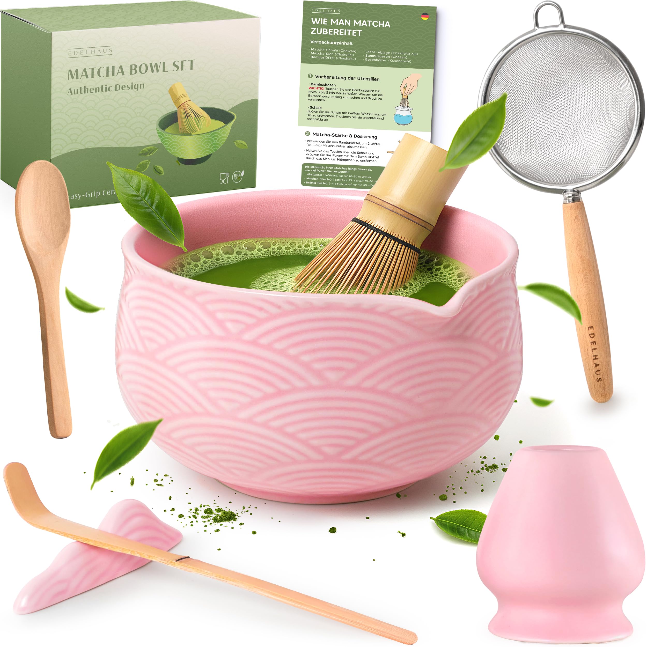 EDELHAUS Matcha 7 Teiliges Set für Matcha Ceremonie, Matcha Tea Besen/Sieb/Edelstahl Löffel – Ideales Set für Einsteiger, Einzigartiges Design – Matcha Schale mit Auslauf und Besenhalter