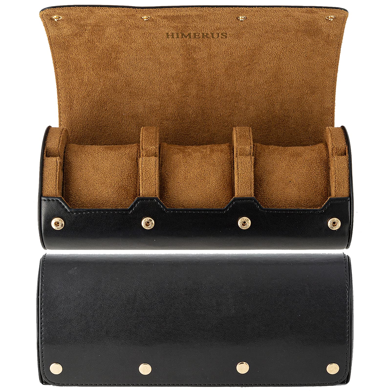 HIMERUS Watch Roll Travel Case for 3 Watches, Storage & Display, Watch Box Travel Partner Watch Protection Black & Camel Inside