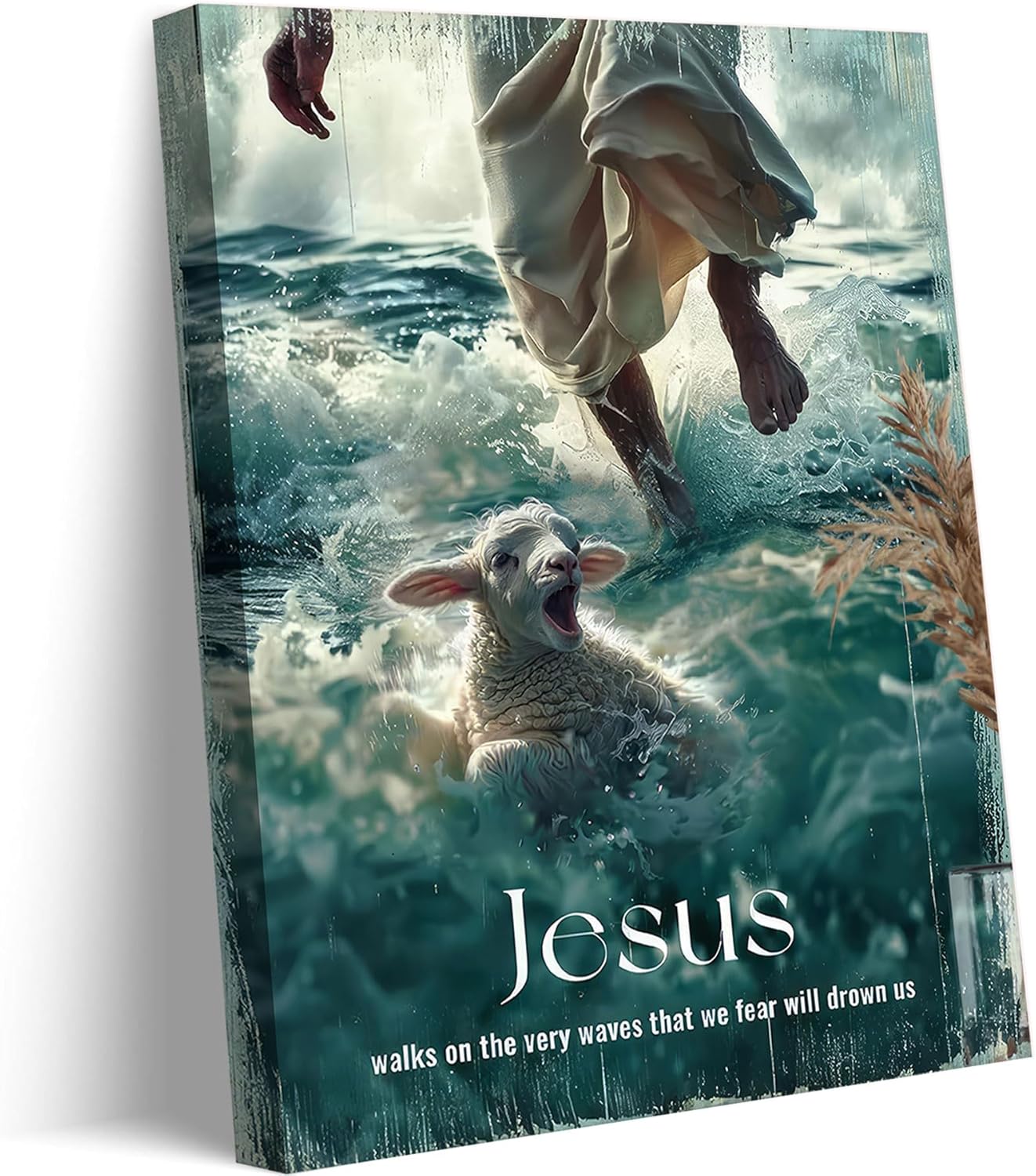 Jesus Saving Lamb Canvas Wall Art Jesus And Lamb Walk On Water Wall Decor Picture Christian Bible Verses Poster Print for Living Room Bedroom Church Decoration Prepare To Hang Jesus the Redeeming Lamb 12x16in