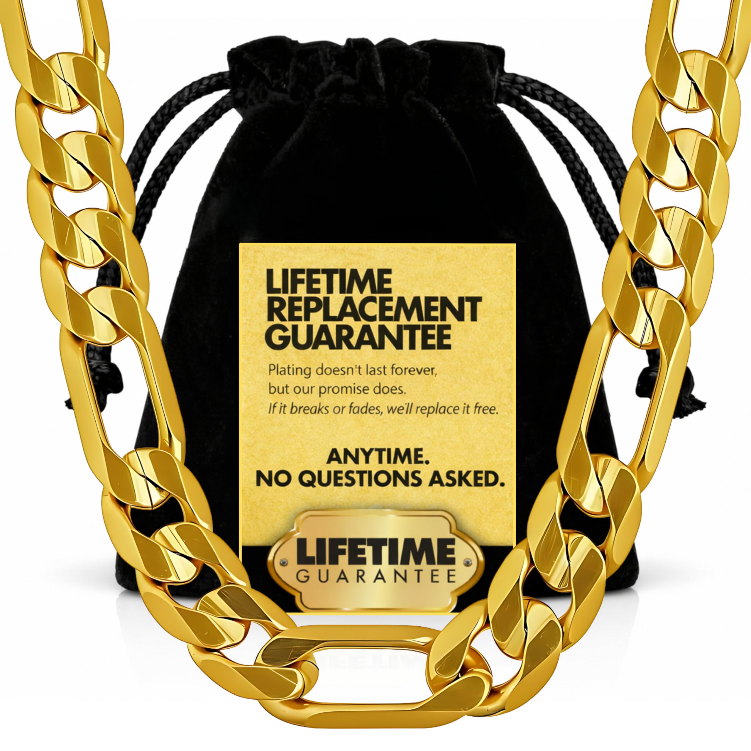 Lifetime Warranty 9mm Figaro Chain Necklace 24k Real Gold Plated for Men and Teens with Free Lifetime Warranty Gold-image-12