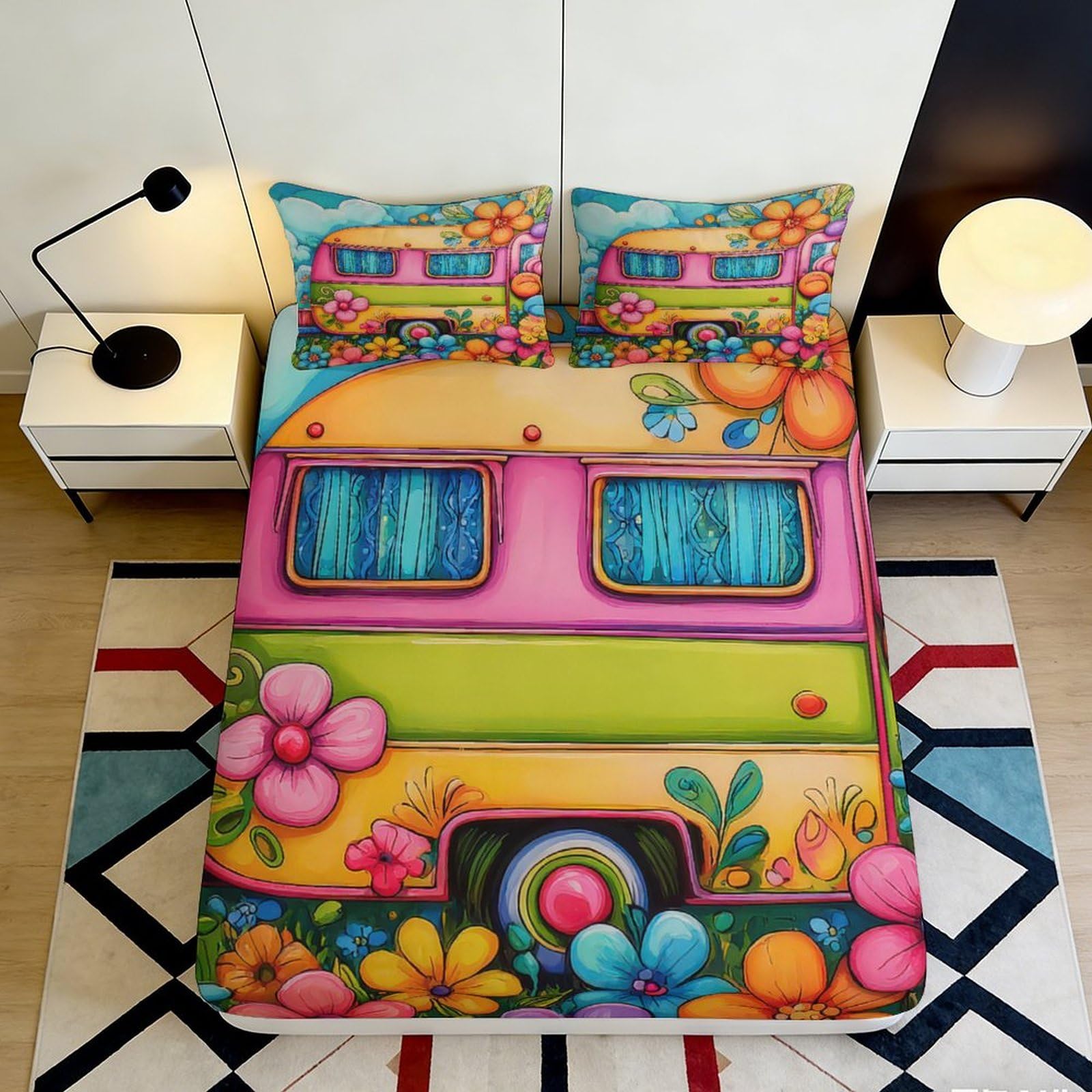 3D Printed Retro Camper Van Fitted Sheet Microfiber Colorful Floral Mattress Cover for Bedroom Dorm Décor 90x200x25cm
