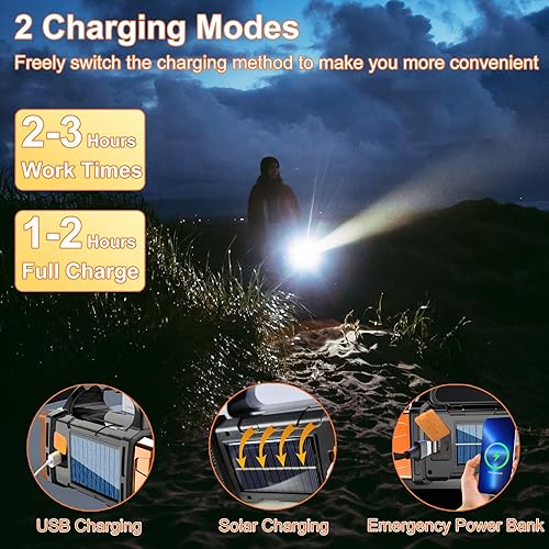 Miniatura 2 de Linternas solares de mano con luz lateral COB, 8 modos de luz LED recargable con cable USB, reflector LED portátil para camping, emergencias, caza,