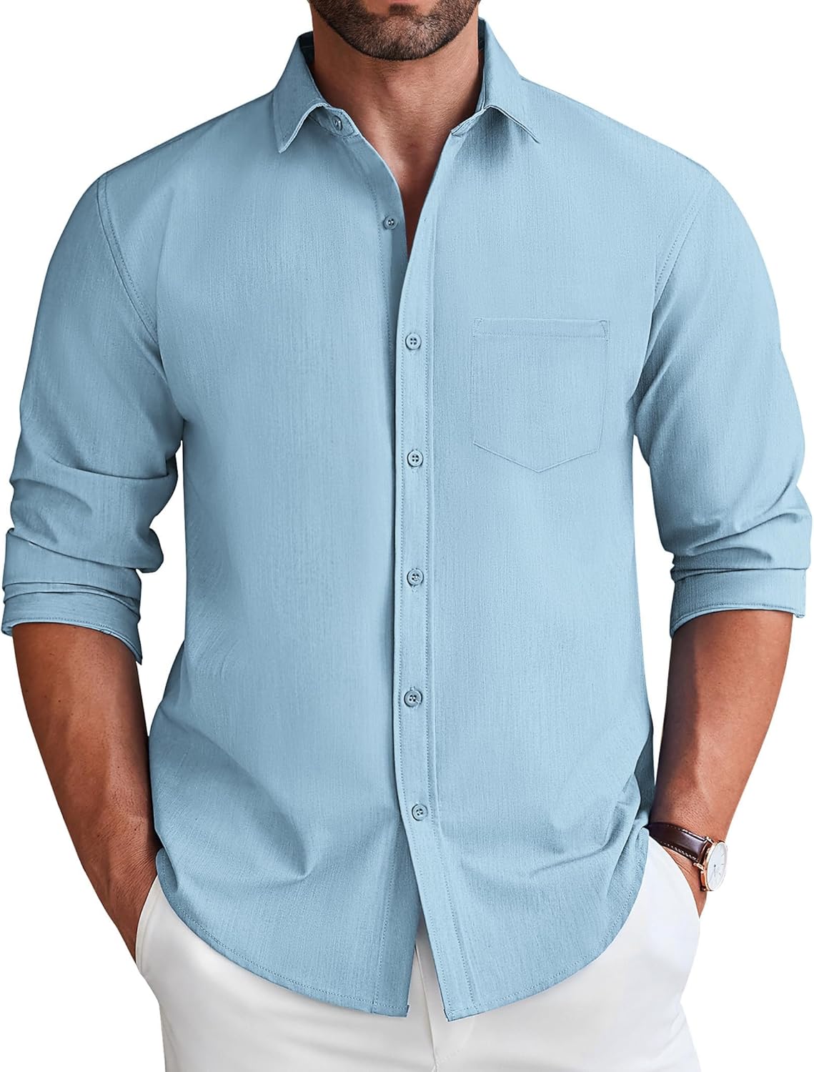COOFANDY Men's Long Sleeve Button Down Shirt Wrinkle Free Untucked Dress Shirt Casual Denim Shirt