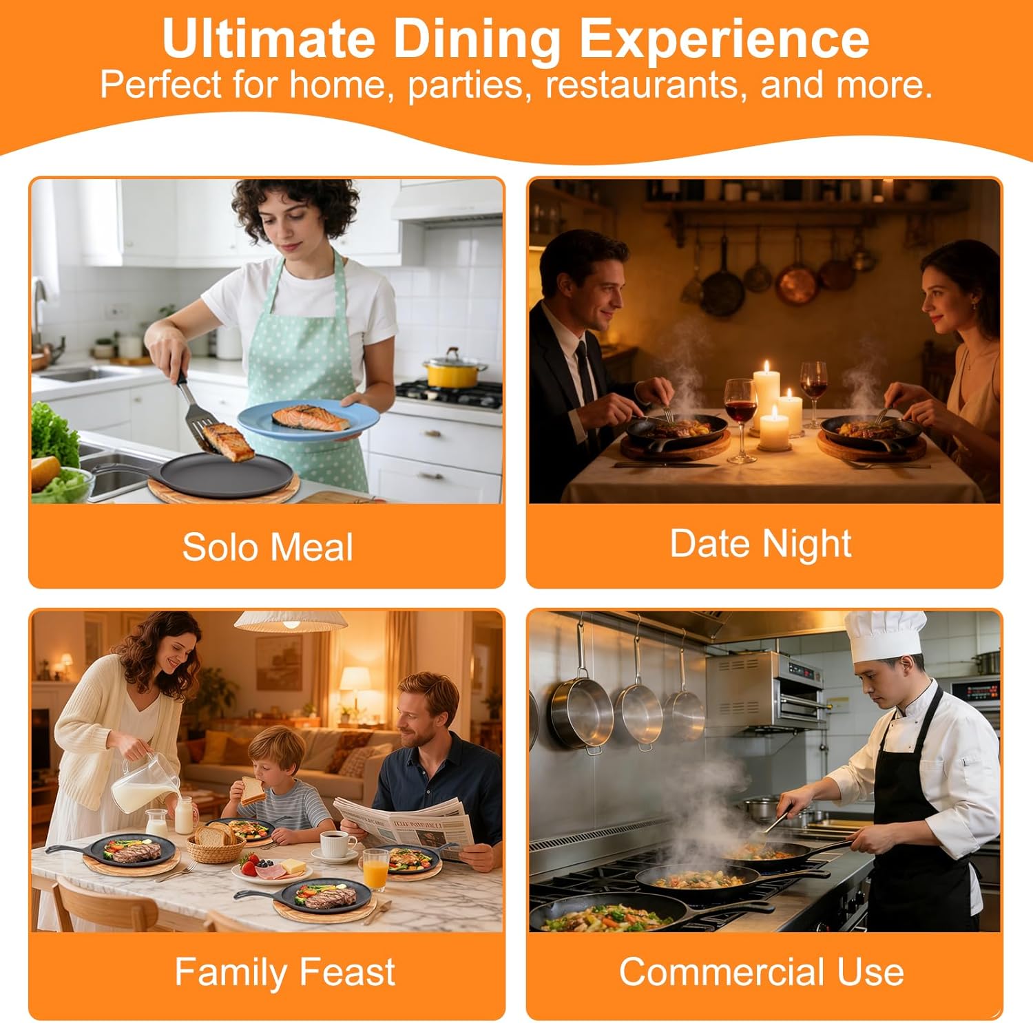 4 Sets Cast Iron Fajita Skillet Set Sizzling Plate with Wooden Base & Anti Scald Protection Hot Handle Cover, Cast Iron Skillets Set for Home Barbecue Kitchen Party Restaurant Catering Service