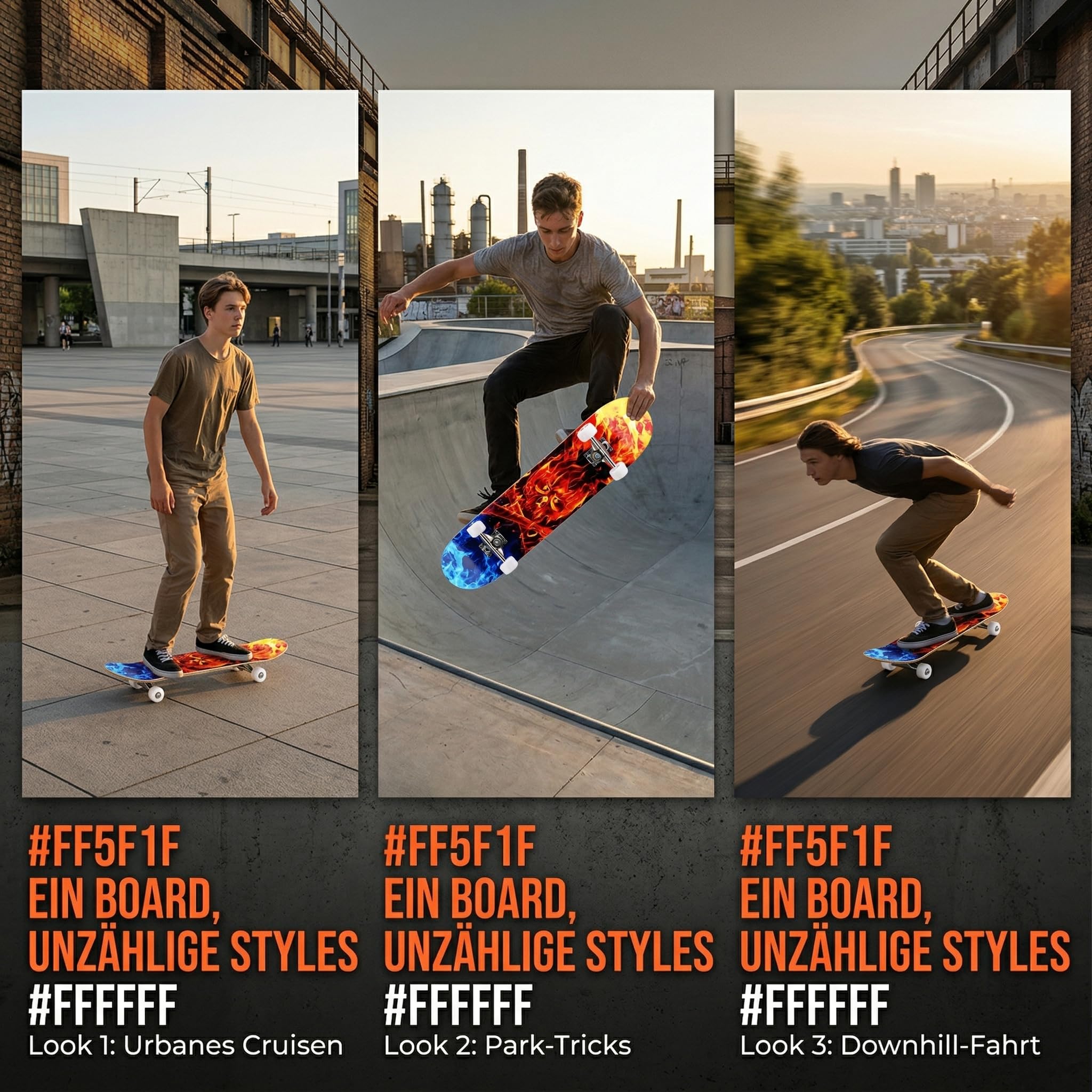 Skateboard Professionnel Double Kick,81 cm en érable, roulements ABEC-7, Roues en PU 95A, Design Graphique personnalisé (81cm, Feu Bleu)