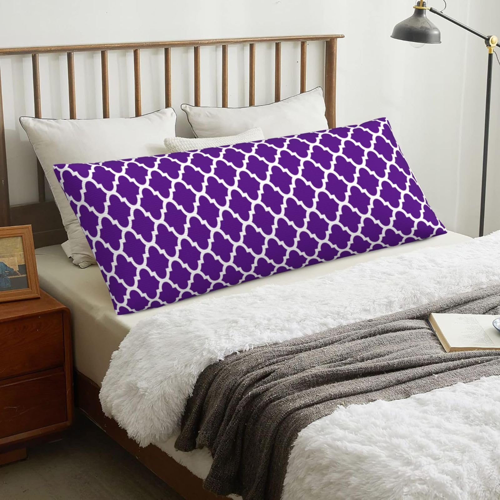 Moroccan Quatrefoil Pattern Purple And White, Body Pillow Cover with Zipper,Long Body Pillowcase 20 x 60 in