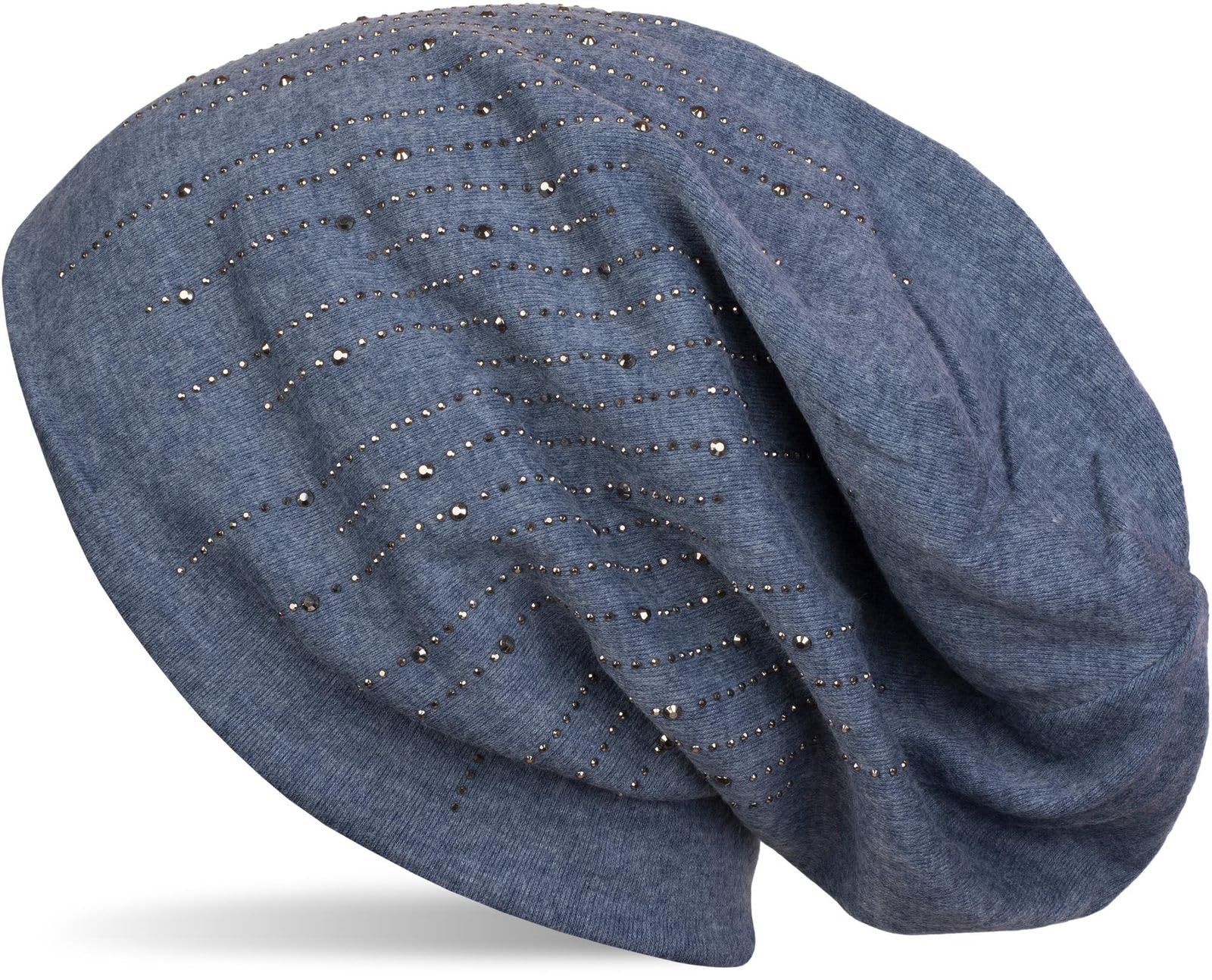 Stylebreaker Women's Mottled Denim Blue Beanie Hat With Rhinestone Studs In Elegant Stripe Design, Slouch Long Beanie, Solid Color Fabric Hat 04024086, Colour: