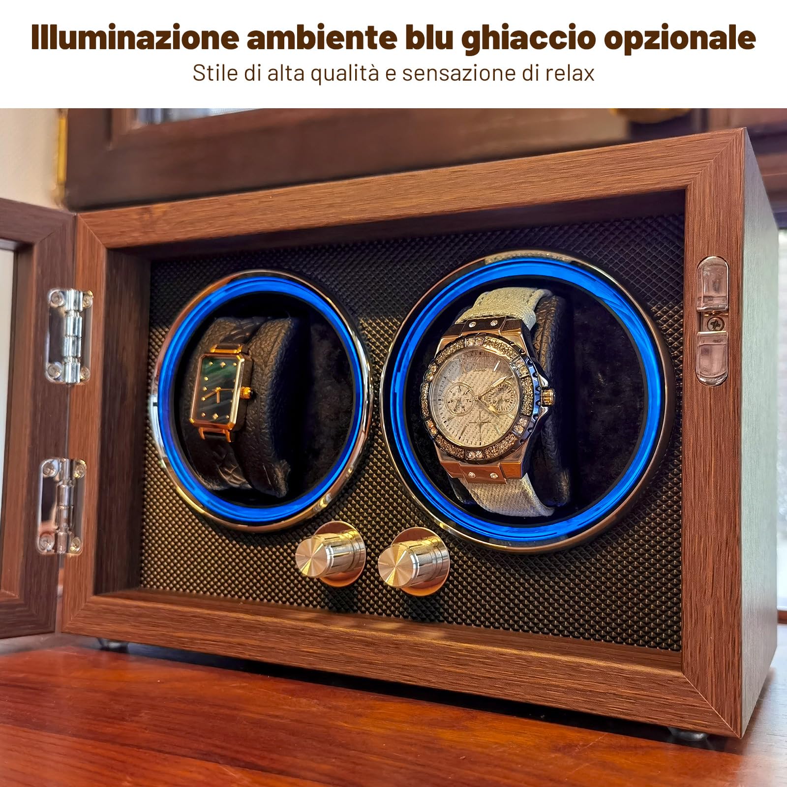 Caricatore per 2 orologi, in legno di noce nero, 4 modalità di rotazione con illuminazione a LED, ultra silenzioso