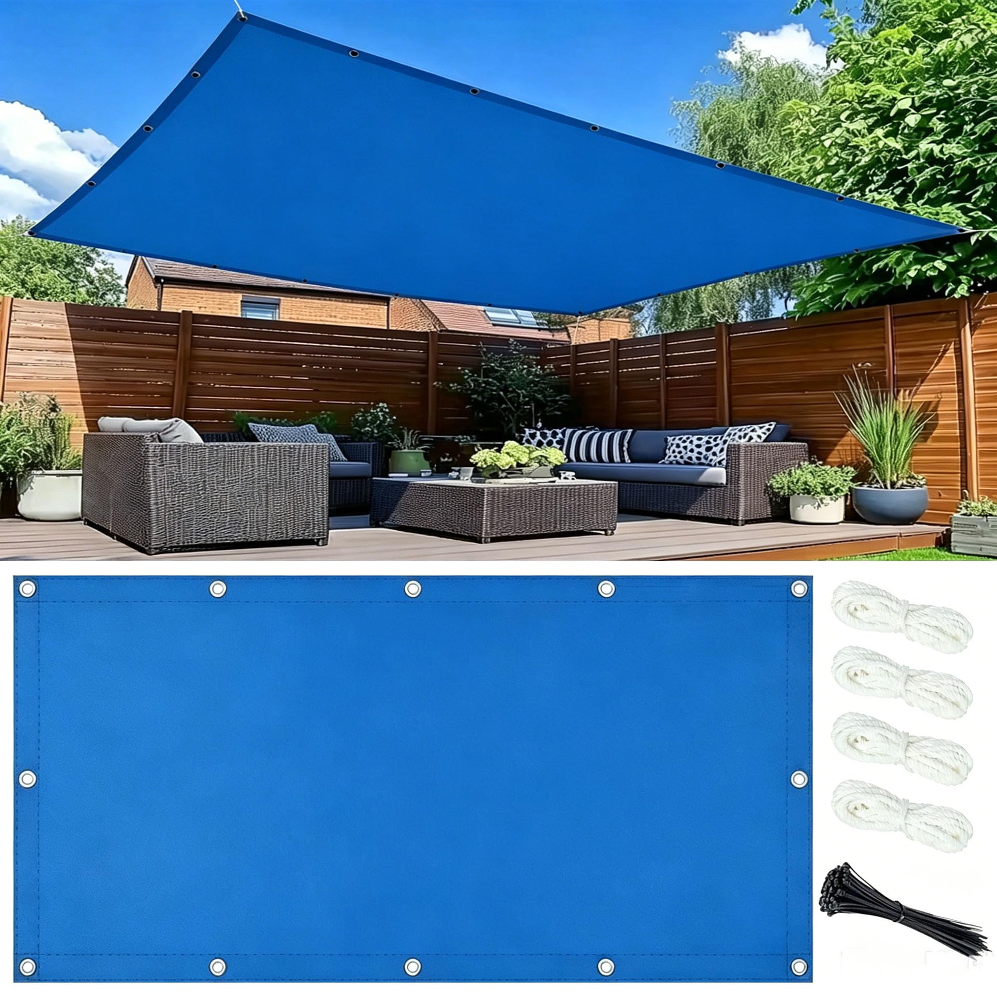 Sonnensegel 6x8M Wasserdicht Rechteckig mit Ösen, Sonnensegel Rechteck, Sonnenschutz Windschutz, inkl Befestigungsseile, Markisenstoff 95% UV-Schutz für Garten Balkon Terrasse
