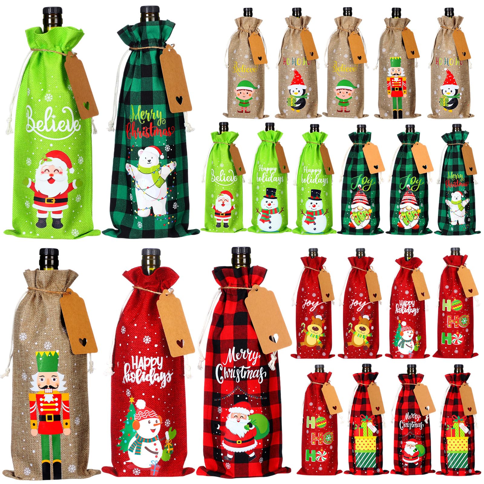 24 Pcs Burlap Wine Gift Bags with Tags and Ropes - Reusable Xmas Snowman Santa Wine Bottle Covers for Christmas New Year Holiday Party Decor