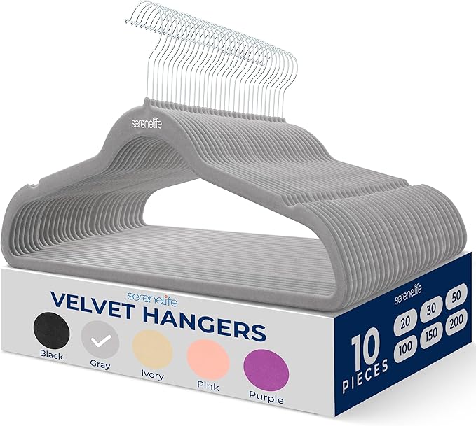 SereneLife 10 Pack Velvet Hangers - Non-Slip with 360° Swivel Hook - Ultra-Thin, Lightweight Velvet Hangers for Shirts, Sweaters, Hoodies, Kids Clothes & Dresses - Space-Saving