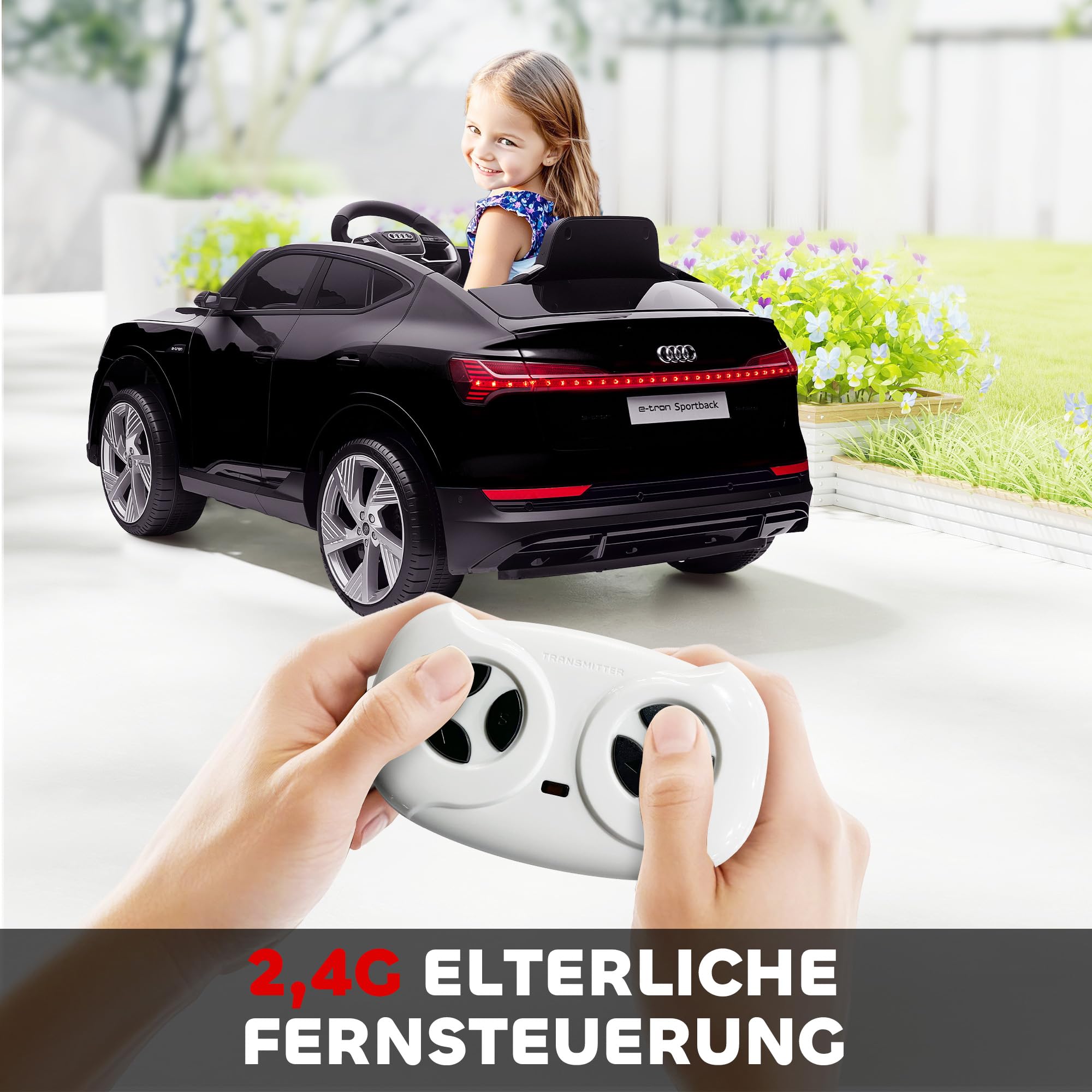 HOMCOM Elektro Kinderauto 12V Audi E-tron Elektrofahrzeug mit Fernbedienung, Sicherheitsgurt und Musikfunktion (MP3/USB/TF), Kinderfahrzeug für 3-5 Jahre, 3-5 km/h, Schwarz