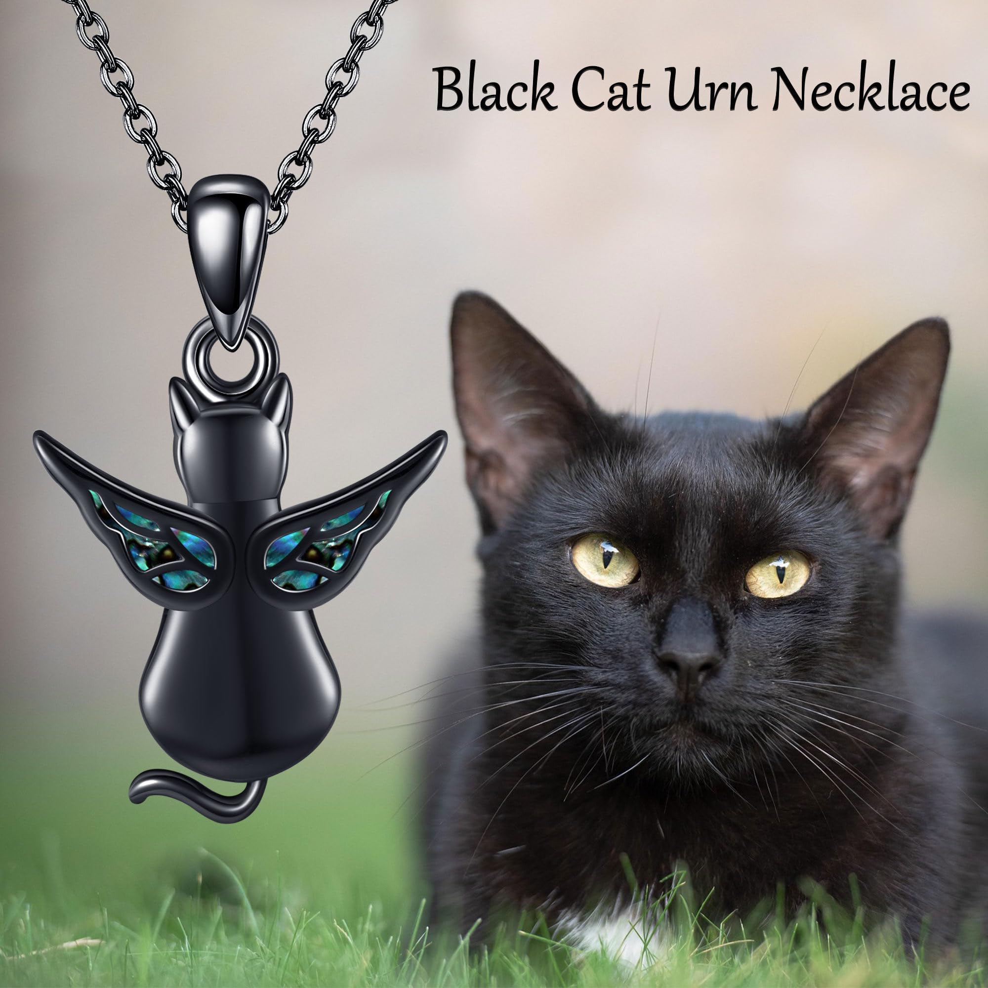 ONEFINITY Collar de urna de gato negro para cenizas, plata de ley, alas de ángel, recuerdo de gato, colgante conmemorativo para mascotas, regalo de joyería para mujeres y hombres