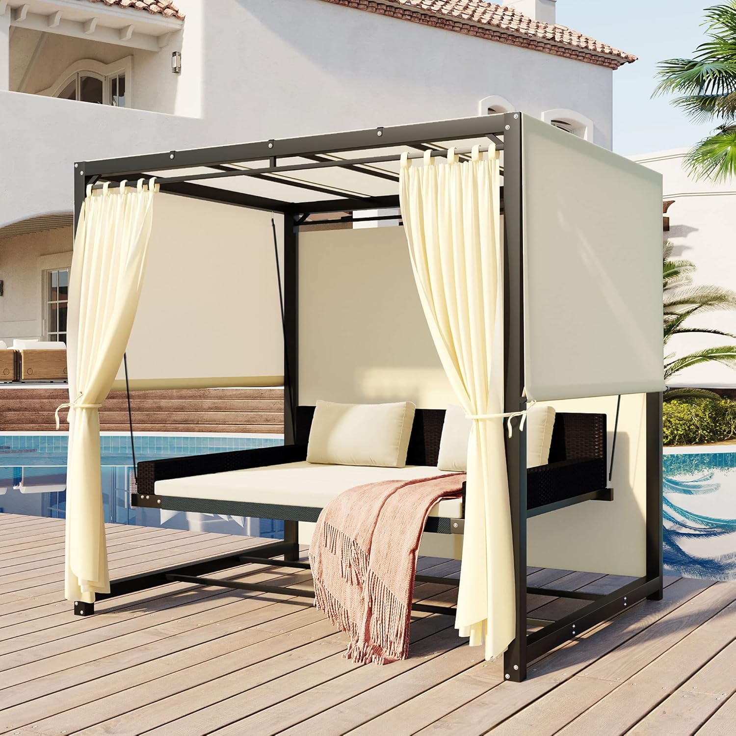 Outdoor Patio Swing Chair with Canopy,2-3 People Outdoor Swing Bed with Adjustable Curtains Suitable,Cushion and Pillow for Backyard Lawn Poolside Balcony(Beige)