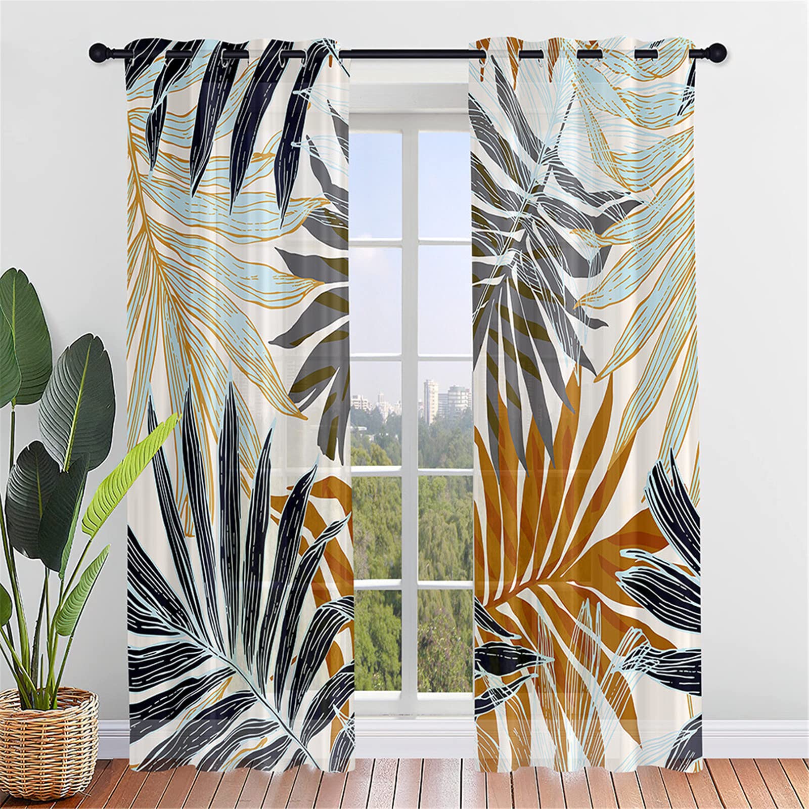 Hiseng Voile Curtains for Bedroom 2 Panels, Plant Print Sheer Curtains Eyelets Curtains Translucent Window Screen Door Drapes for Living Room Balcony Home Decorative (55x95cm,Golden retro)