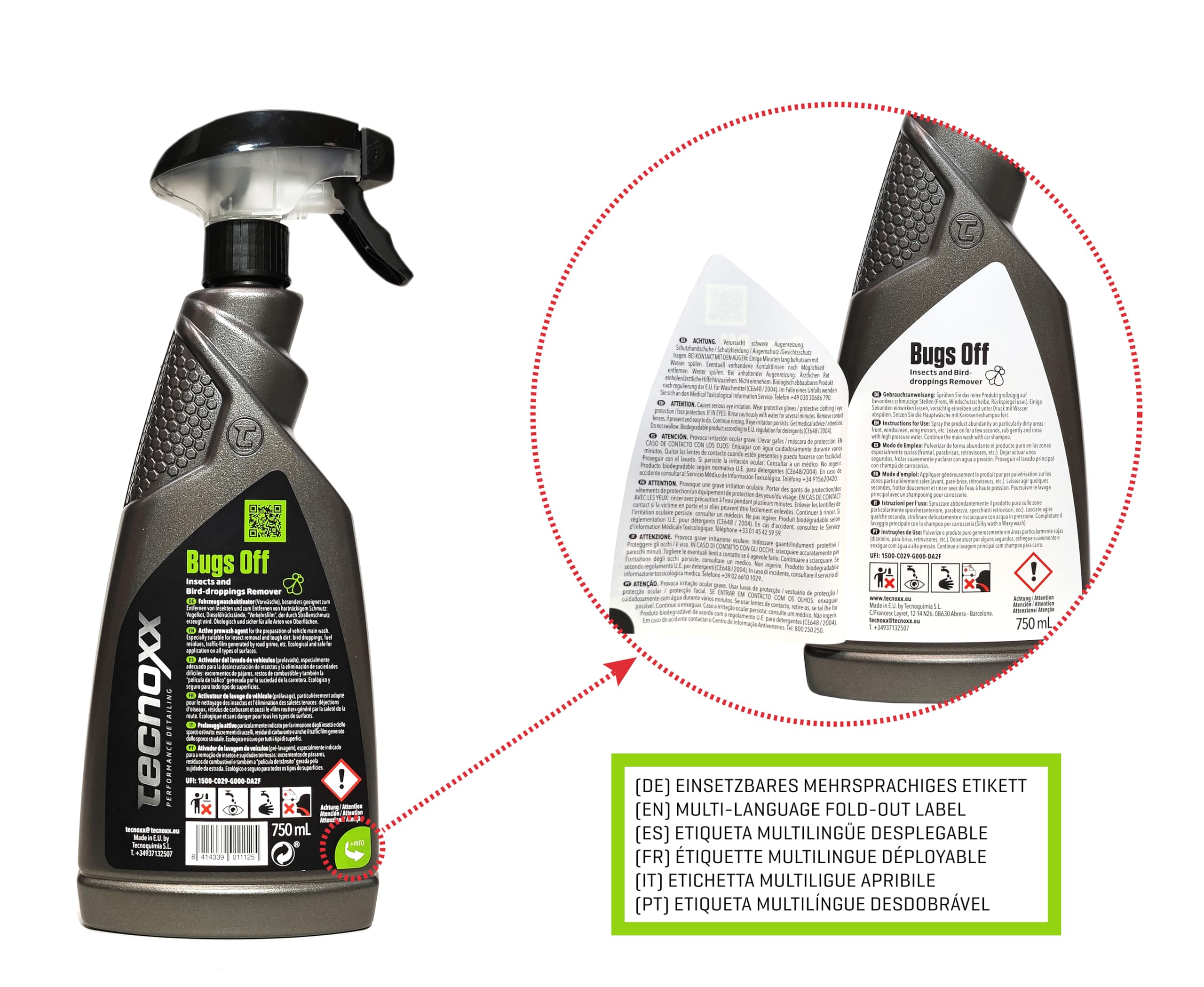 Tecnoxx – Bugs Off Limpiador de Mosquitos Eliminador de Insectos y excrementos Aves en Parabrisas y Carrocería - Envase Grande 750ml con pulverizador