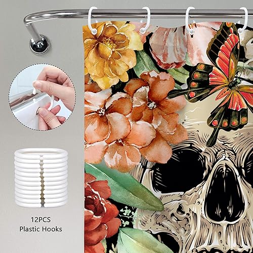 Miniatura 65 de Cortina de ducha con diseño de calavera negra y morado, de 60 pulgadas de ancho x 72 pulgadas de alto, esqueleto gótico gótico, polilla cruzada, C