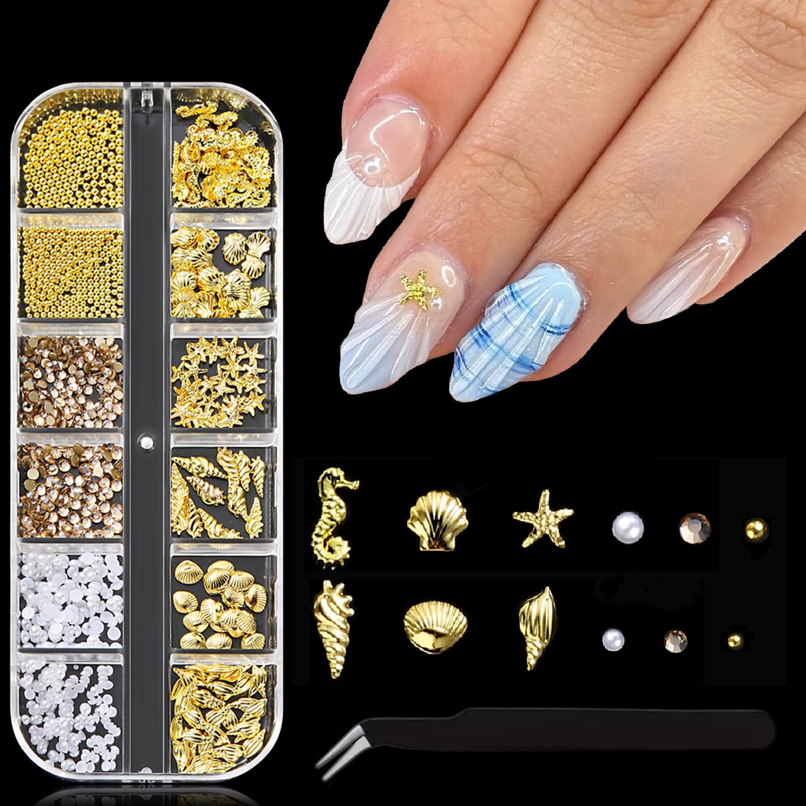 Beach Nail Art Charms 3D Metal Ocean Nail Charms and Gems Gold Beads Shell Seahorse Starfish Conch Summer Design Nail Rhinestones Pearls Jewelry Accessories for Women Nail Decorations