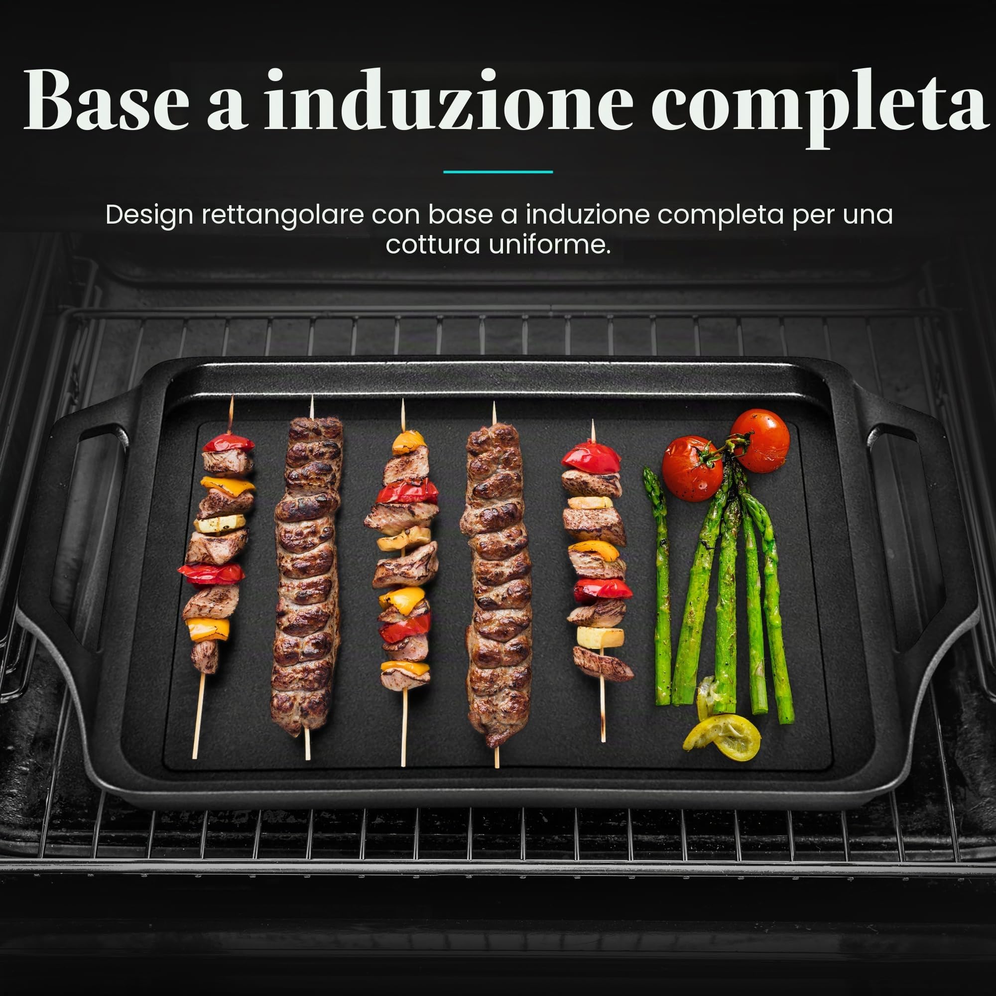WECOOK! Ecostone Bistecchiera Induzione 43 X 25cm, Piastra per Grigliare, Alluminio Fuso, Antiaderente XTRA DUPONT Ecologico senza PFOA, 5mm Spessore, Maniglie in Silicone, Vitroceramica, Gas, Forno