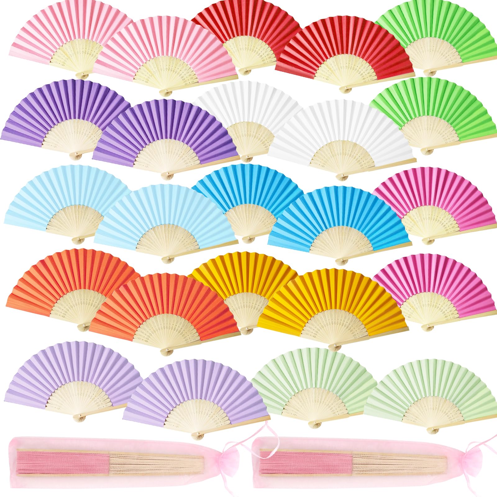 24 pièces Éventails pliables en papier à main, éventail traditionnel coloré, éventail pliable chinois vintage pour fête, mariée, photographie, spectacle, performance