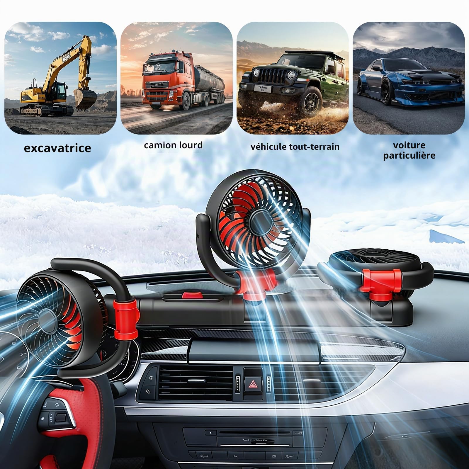 Ventilateur de Voiture, 24 V Ventilateur à Trois Têtes, Voiture, Ventilateur de Véhicule, Ventilateur Électrique Automobile à Trois Têtes, Rotatif À 360 Degrés Ventilateurs, pour Camion, SUV, RV
